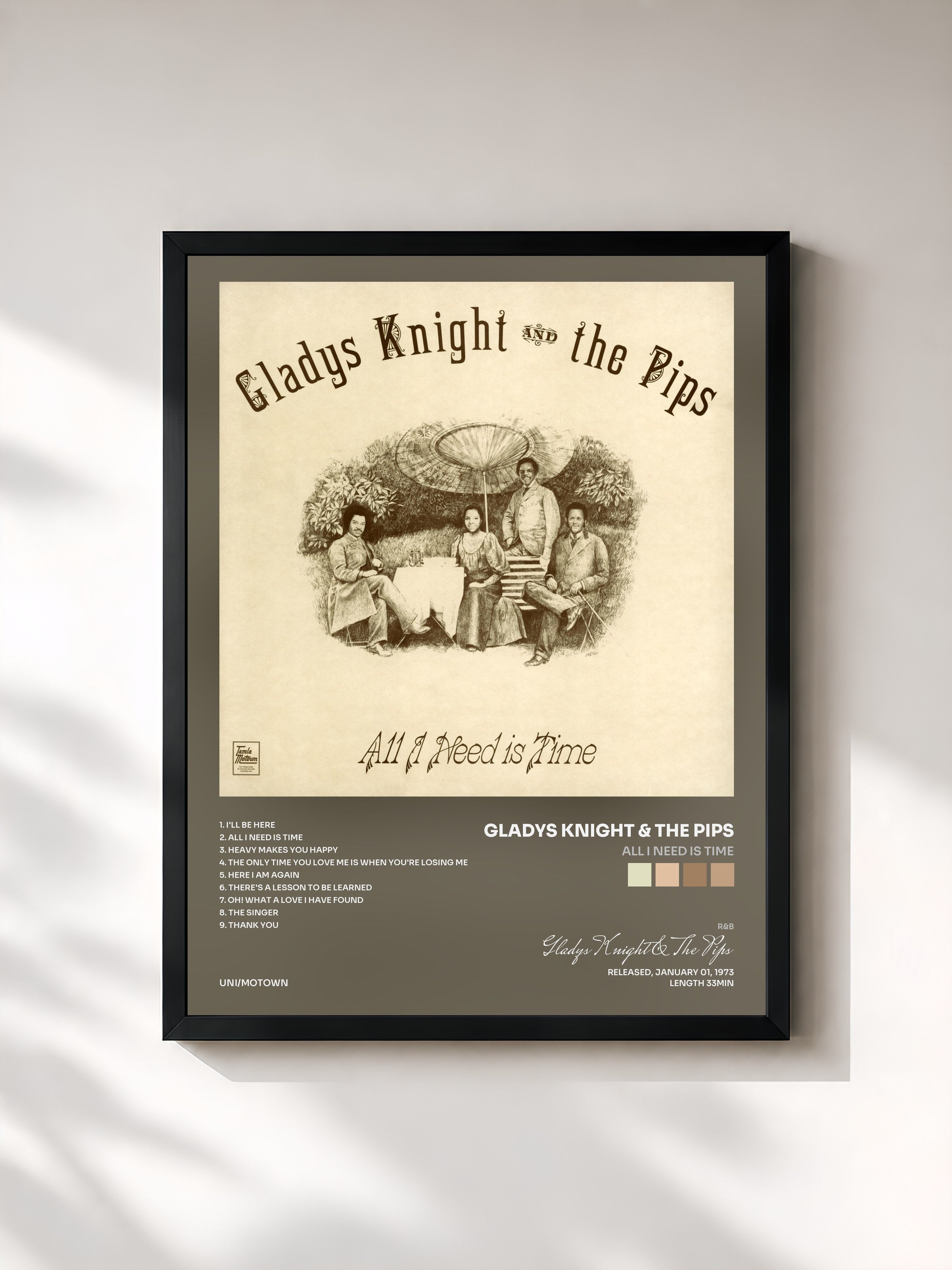 #noir Tableau de l'album All I Need Is Time de Gladys Knight & The Pips, cadre noir, imprimé et encadré en France
