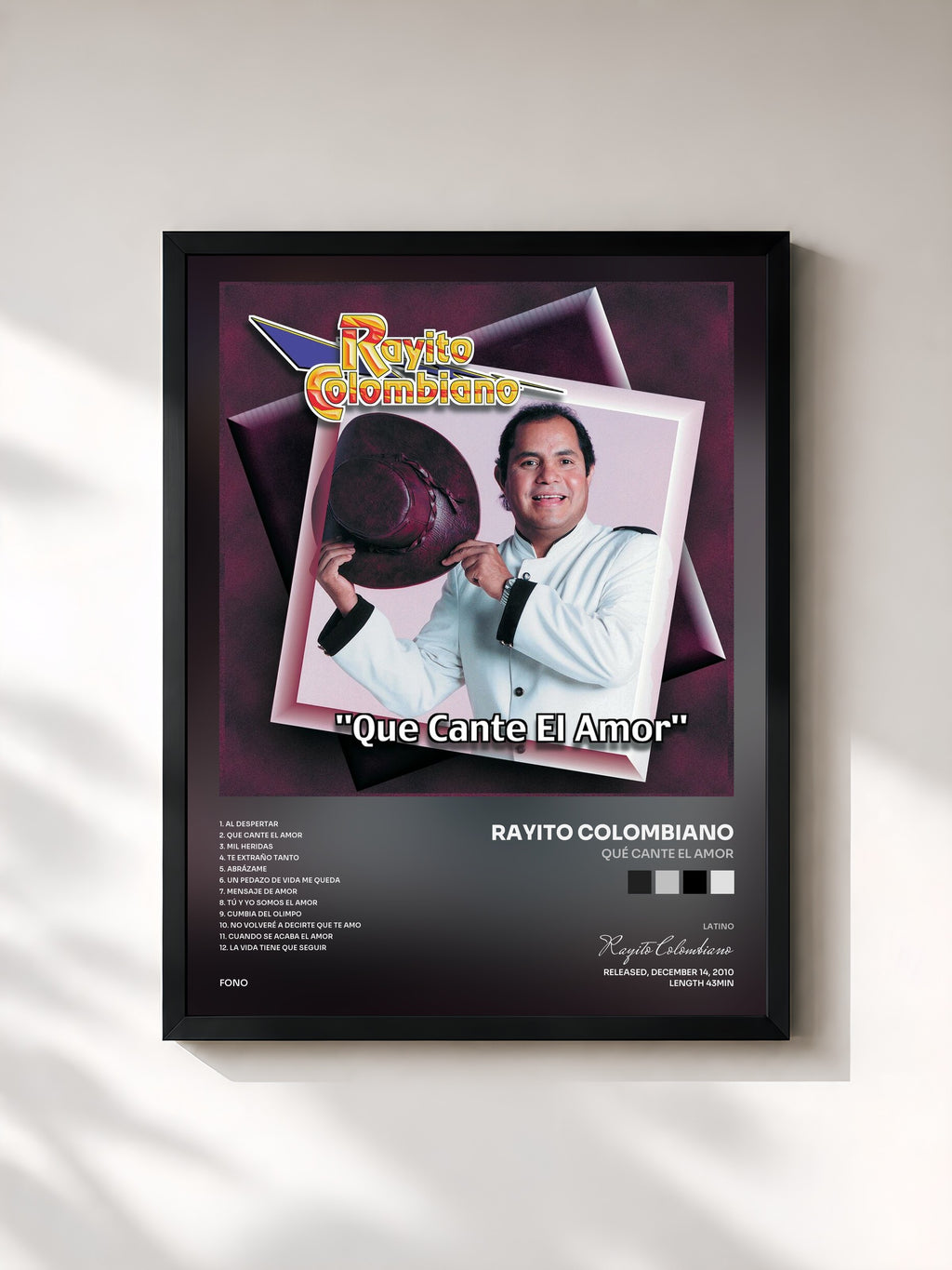#noir Tableau de l'album Qué Cante El Amor de Rayito Colombiano, cadre noir, imprimé et encadré en France