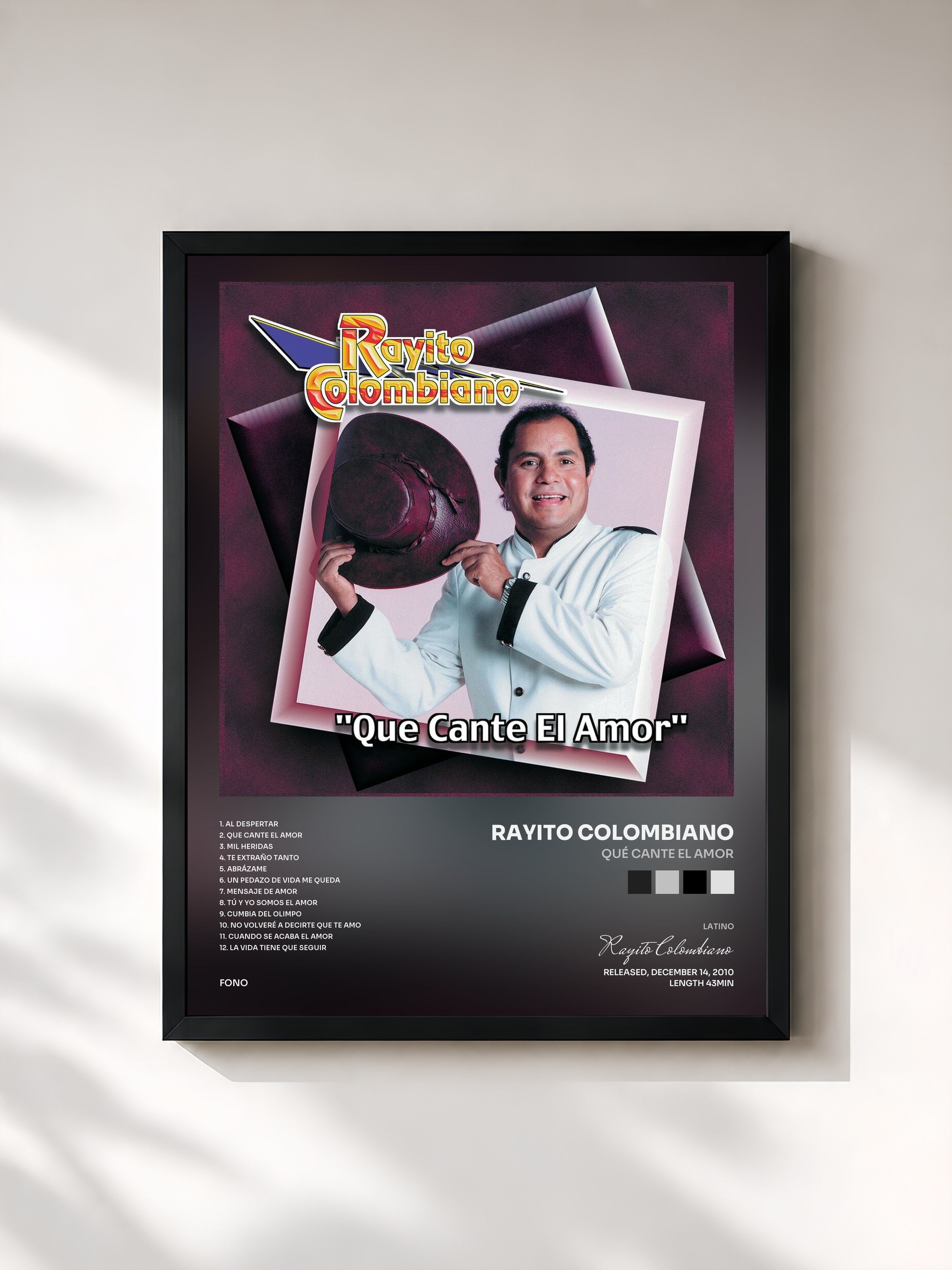 #noir Tableau de l'album Qué Cante El Amor de Rayito Colombiano, cadre noir, imprimé et encadré en France