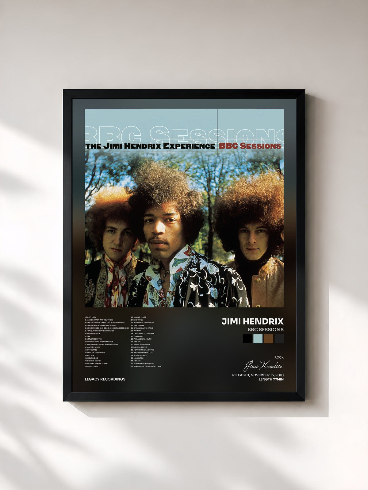 #noir Tableau de l'album BBC Sessions de Jimi Hendrix, cadre noir, imprimé et encadré en France