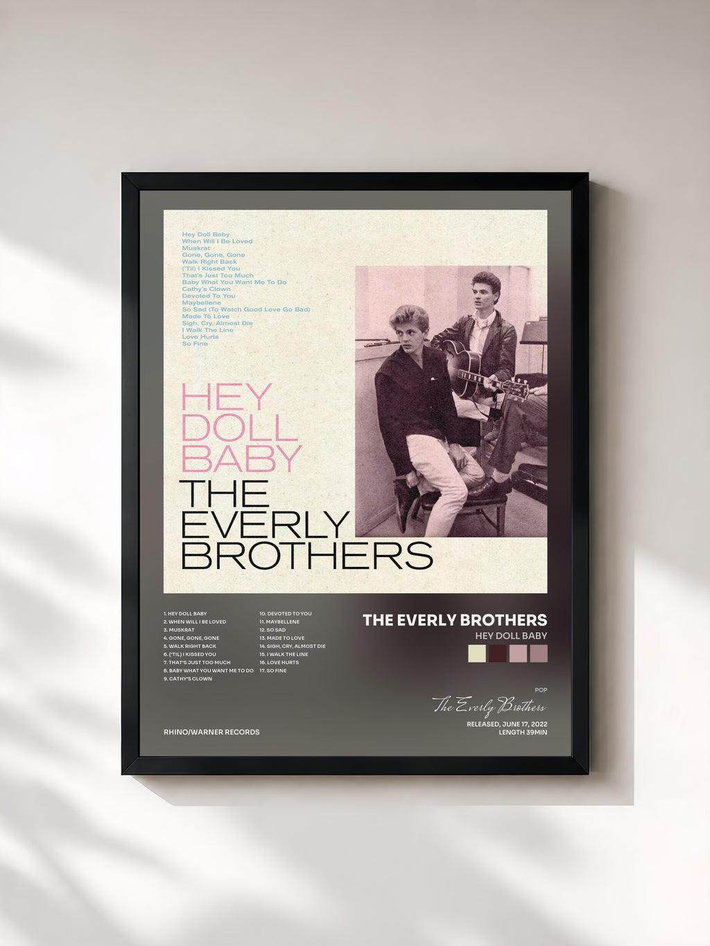 #noir Tableau de l'album Hey Doll Baby de The Everly Brothers, cadre noir, imprimé et encadré en France