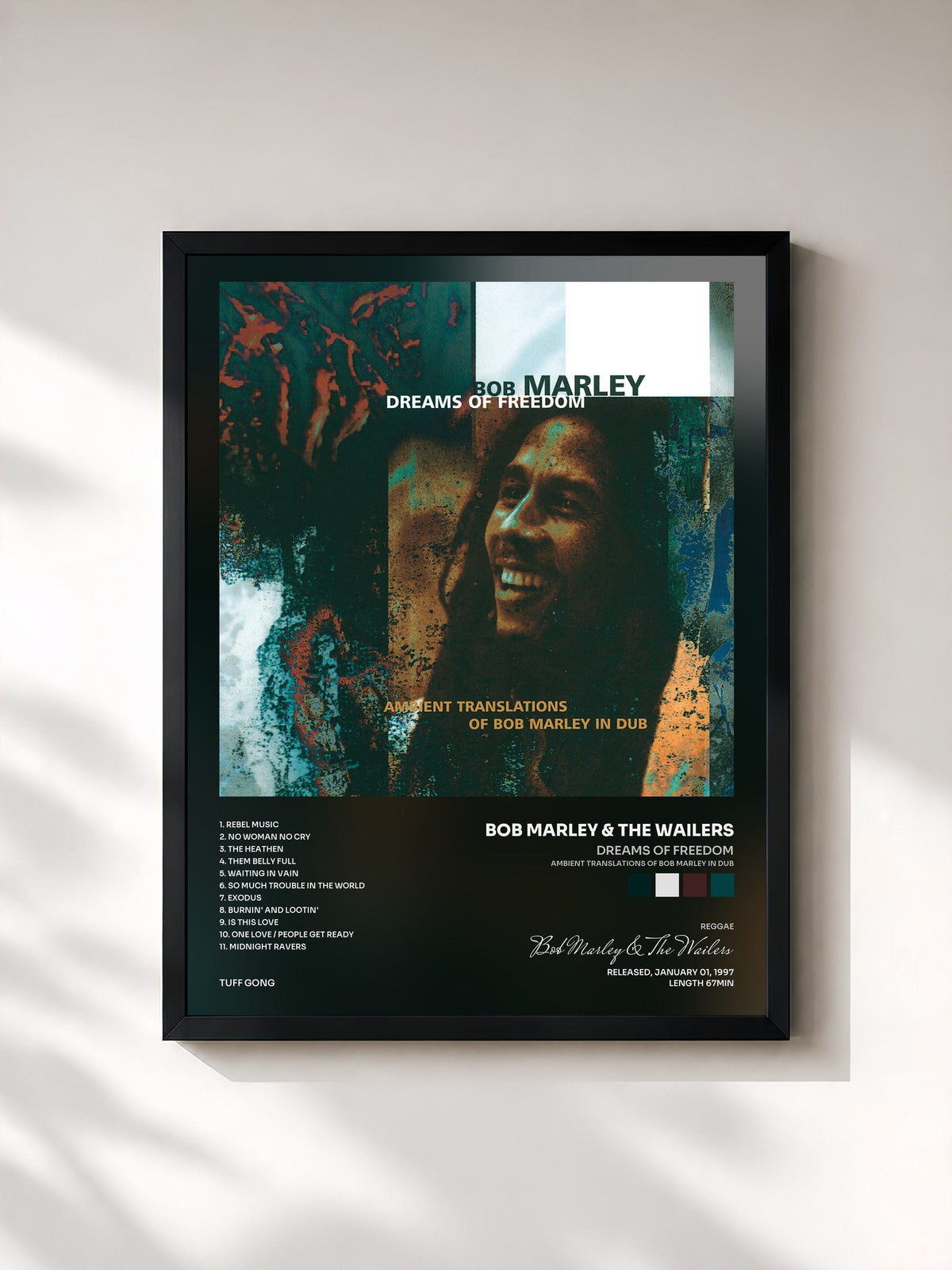 #noir Tableau de l'album Dreams Of Freedom (Ambient Translations Of Bob Marley In Dub) de Bob Marley & The Wailers, cadre noir, imprimé et encadré en France
