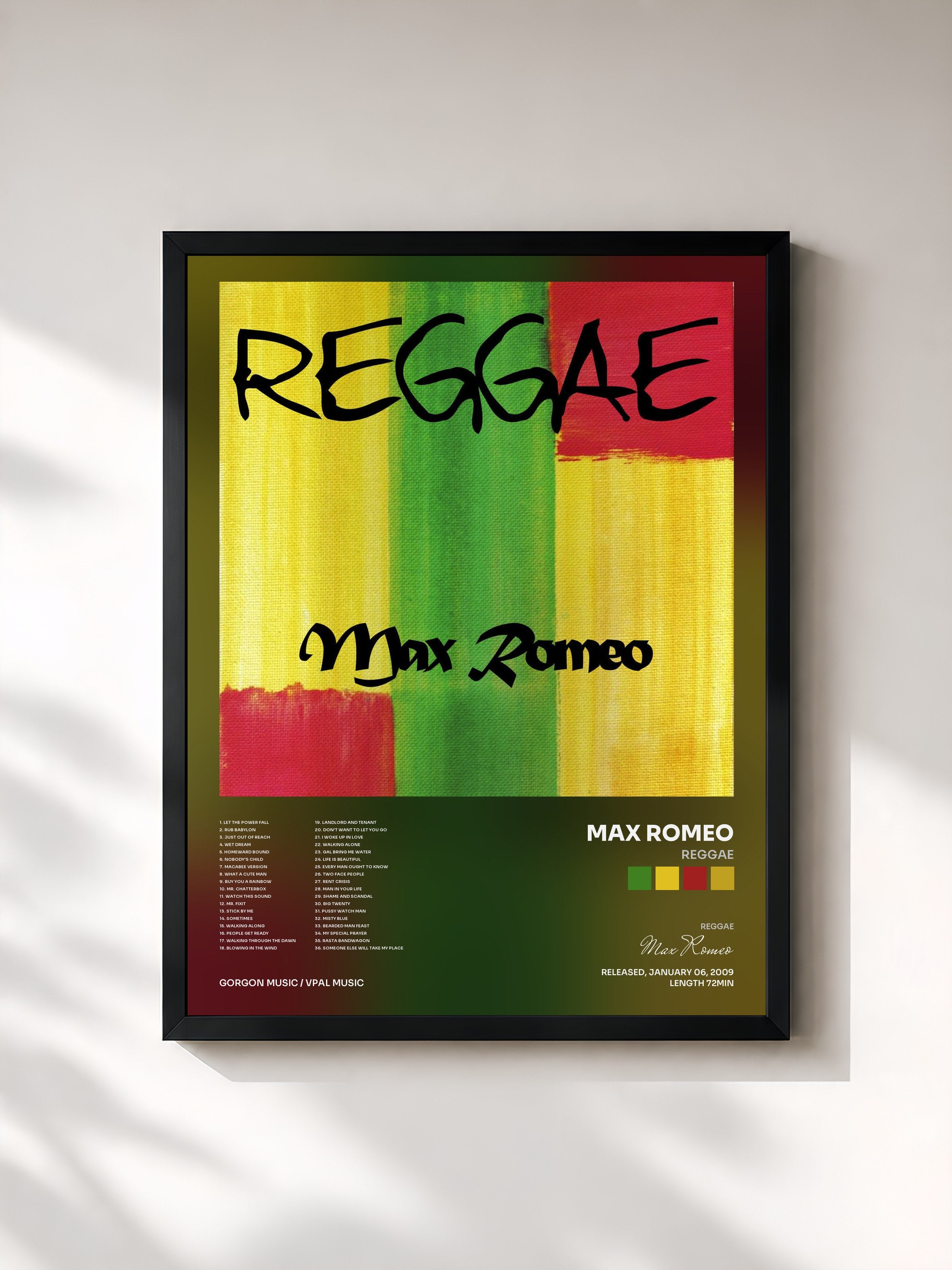 #noir Tableau de l'album Reggae de Max Romeo, cadre noir, imprimé et encadré en France