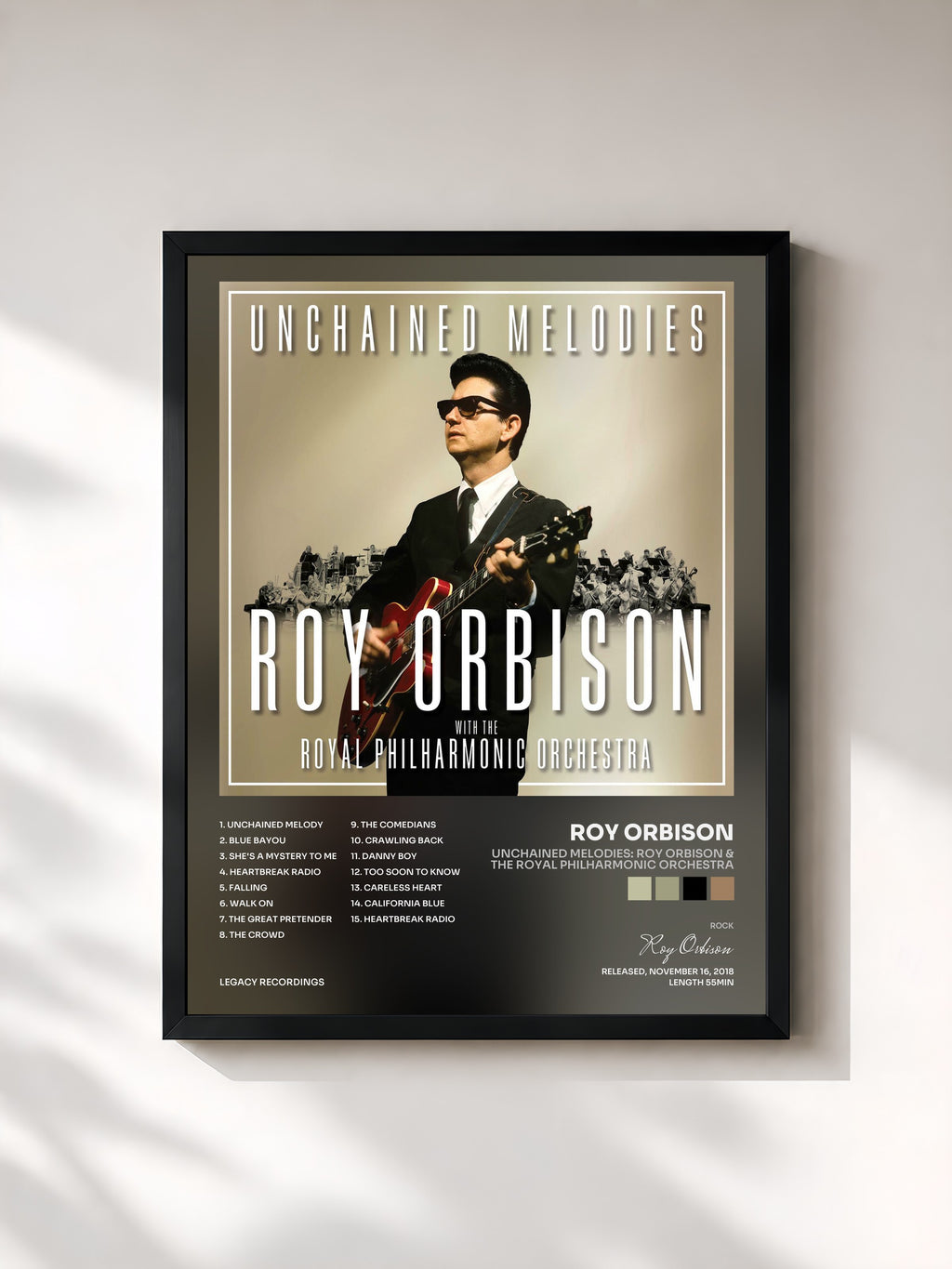 #noir Tableau de l'album Unchained Melodies: Roy Orbison & The Royal Philharmonic Orchestra de Roy Orbison, cadre noir, imprimé et encadré en France