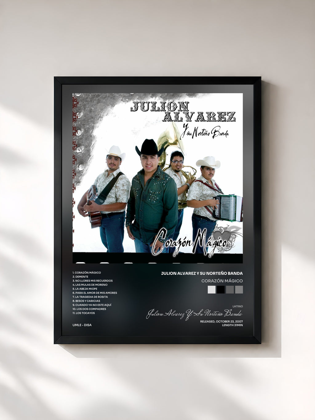 #noir Tableau de l'album Corazón Mágico de Julion Alvarez Y Su Norteño Banda, cadre noir, imprimé et encadré en France