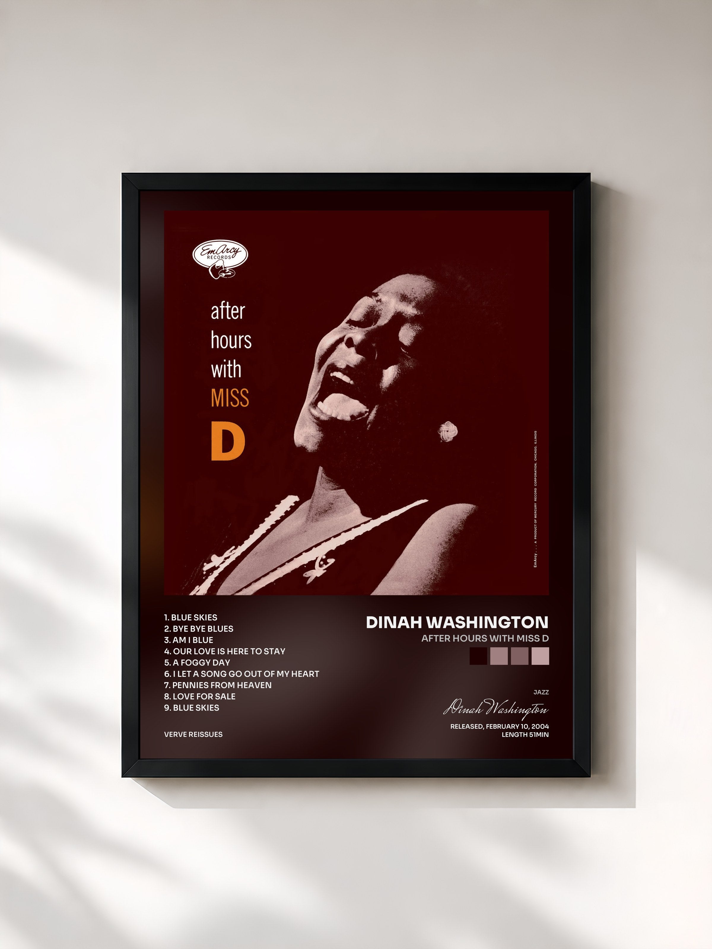 #noir Tableau de l'album After Hours With Miss D de Dinah Washington, cadre noir, imprimé et encadré en France