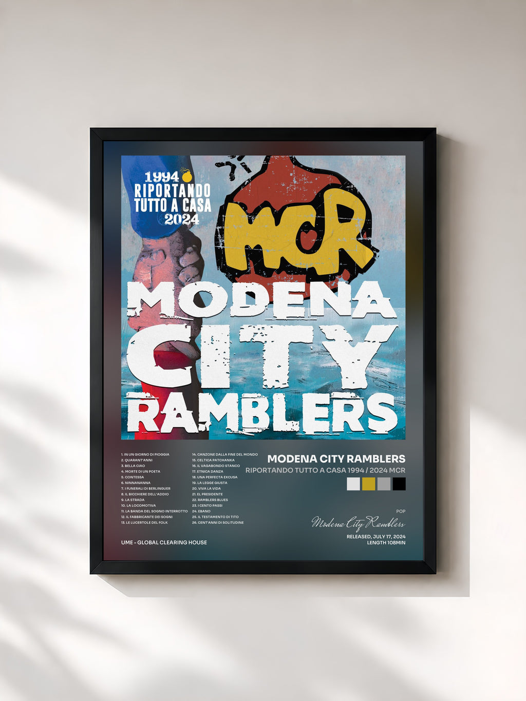 #noir Tableau de l'album Riportando tutto a casa 1994 / 2024 MCR de Modena City Ramblers, cadre noir, imprimé et encadré en France