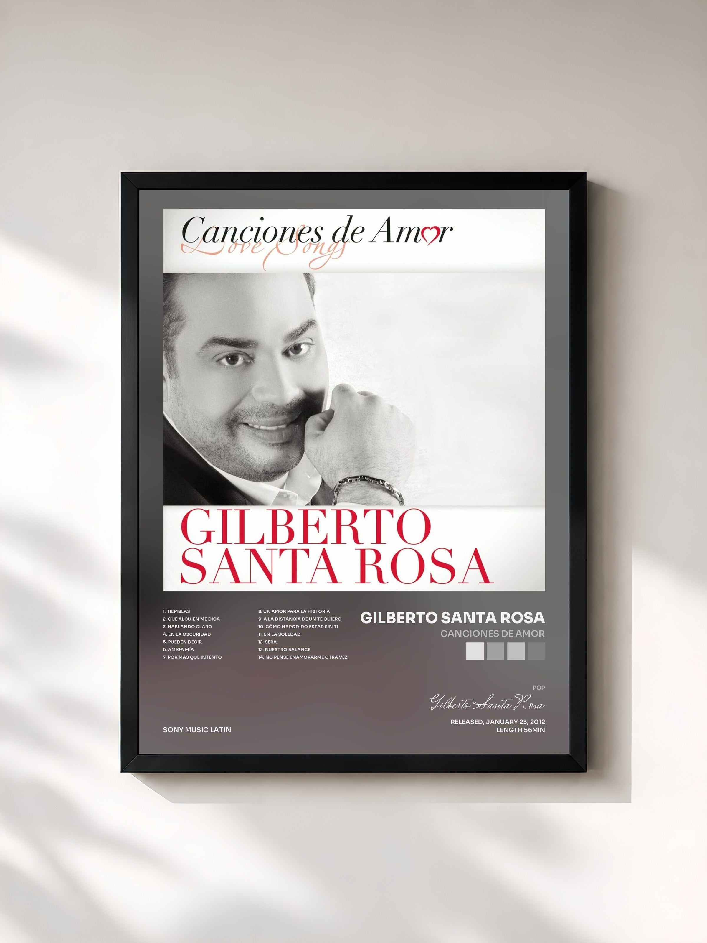 #noir Tableau de l'album Canciones De Amor de Gilberto Santa Rosa, cadre noir, imprimé et encadré en France