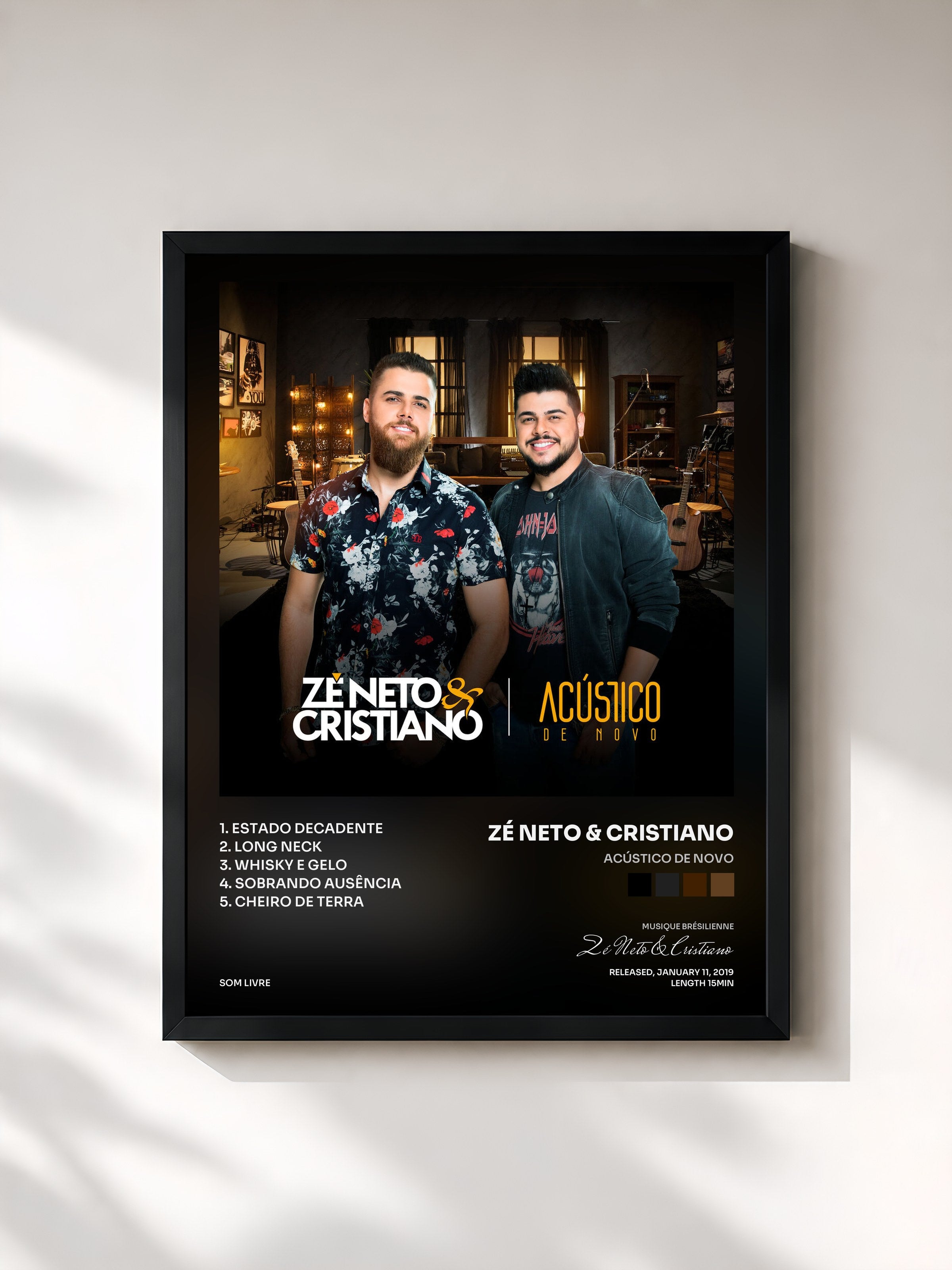 #noir Tableau de l'album Acústico de Novo de Zé Neto & Cristiano, cadre noir, imprimé et encadré en France