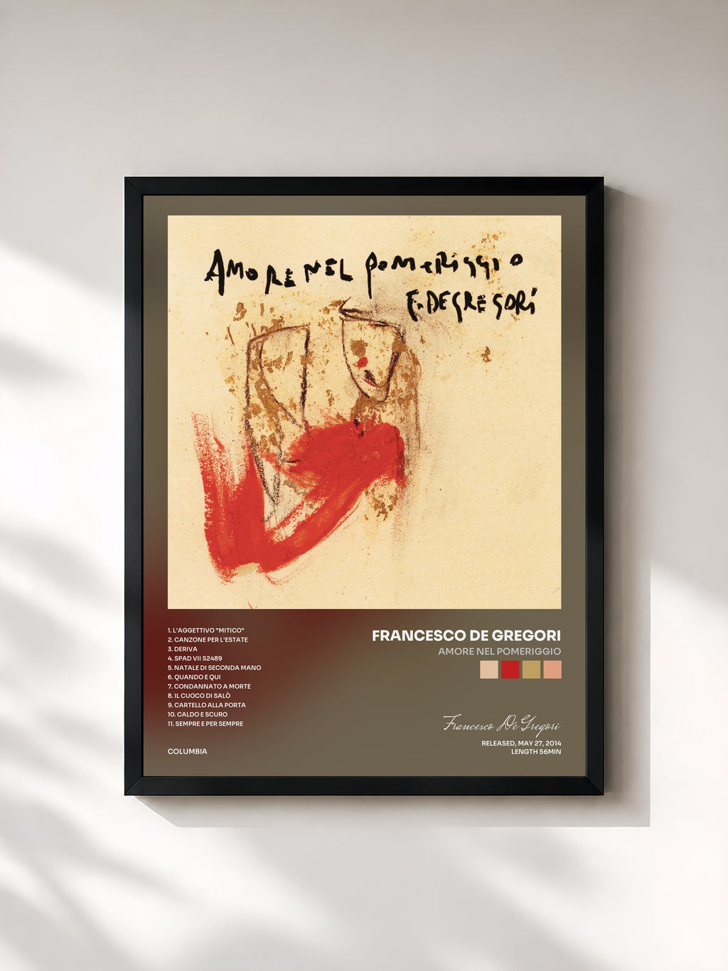 #noir Tableau de l'album Amore nel pomeriggio de Francesco De Gregori, cadre noir, imprimé et encadré en France