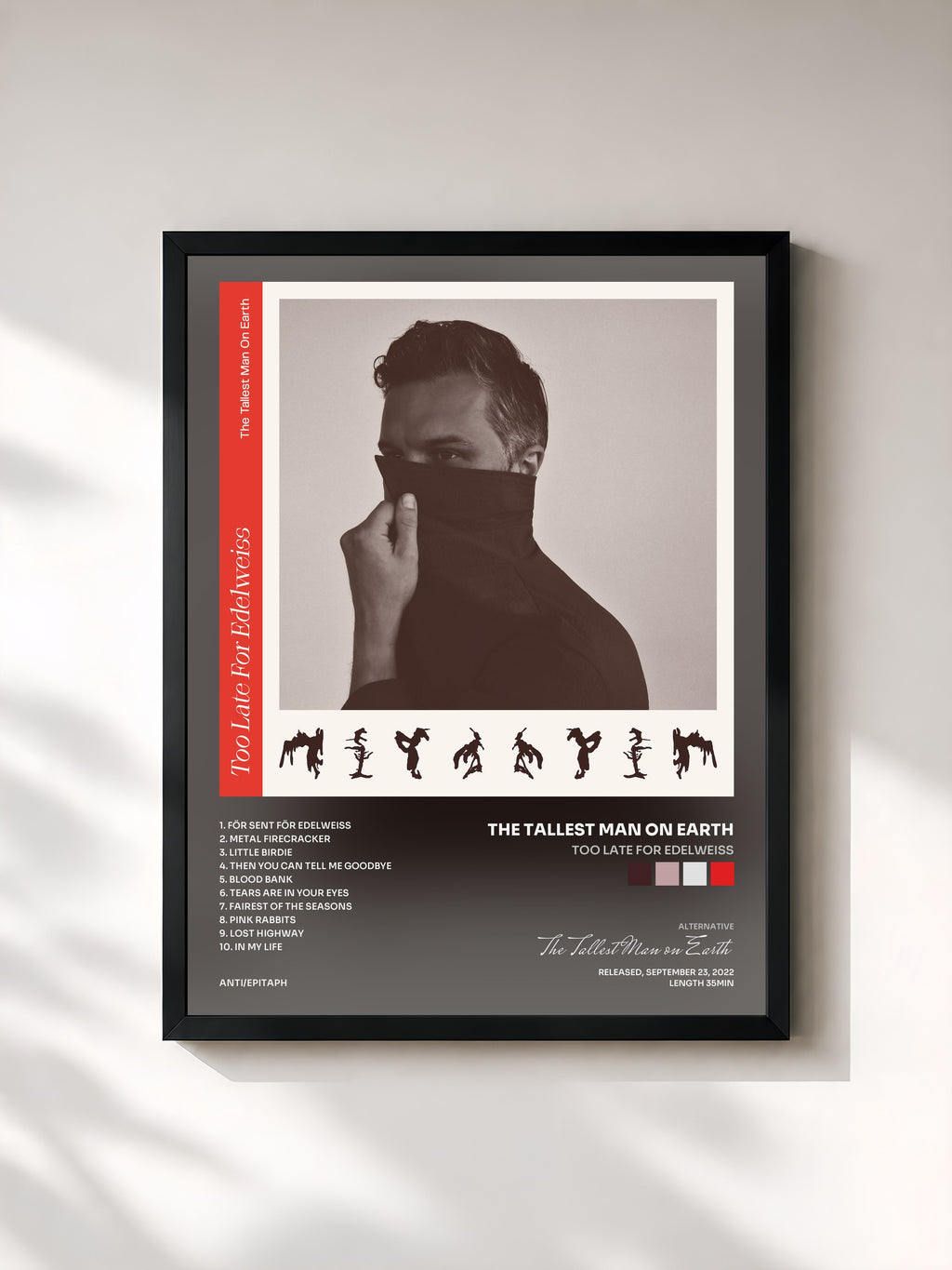 #noir Tableau de l'album Too Late for Edelweiss de The Tallest Man on Earth, cadre noir, imprimé et encadré en France