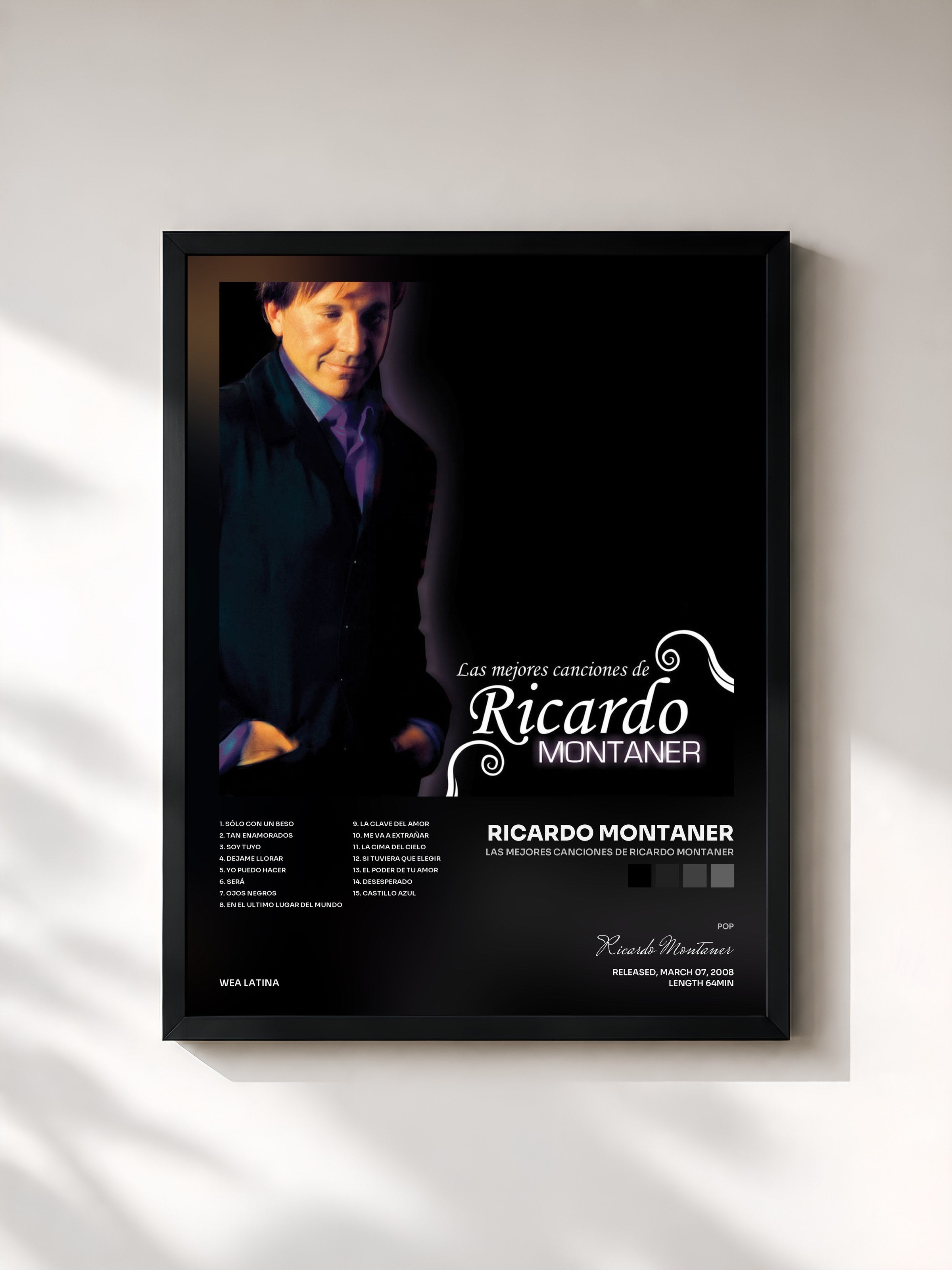 #noir Tableau de l'album Las Mejores Canciones De Ricardo Montaner de Ricardo Montaner, cadre noir, imprimé et encadré en France