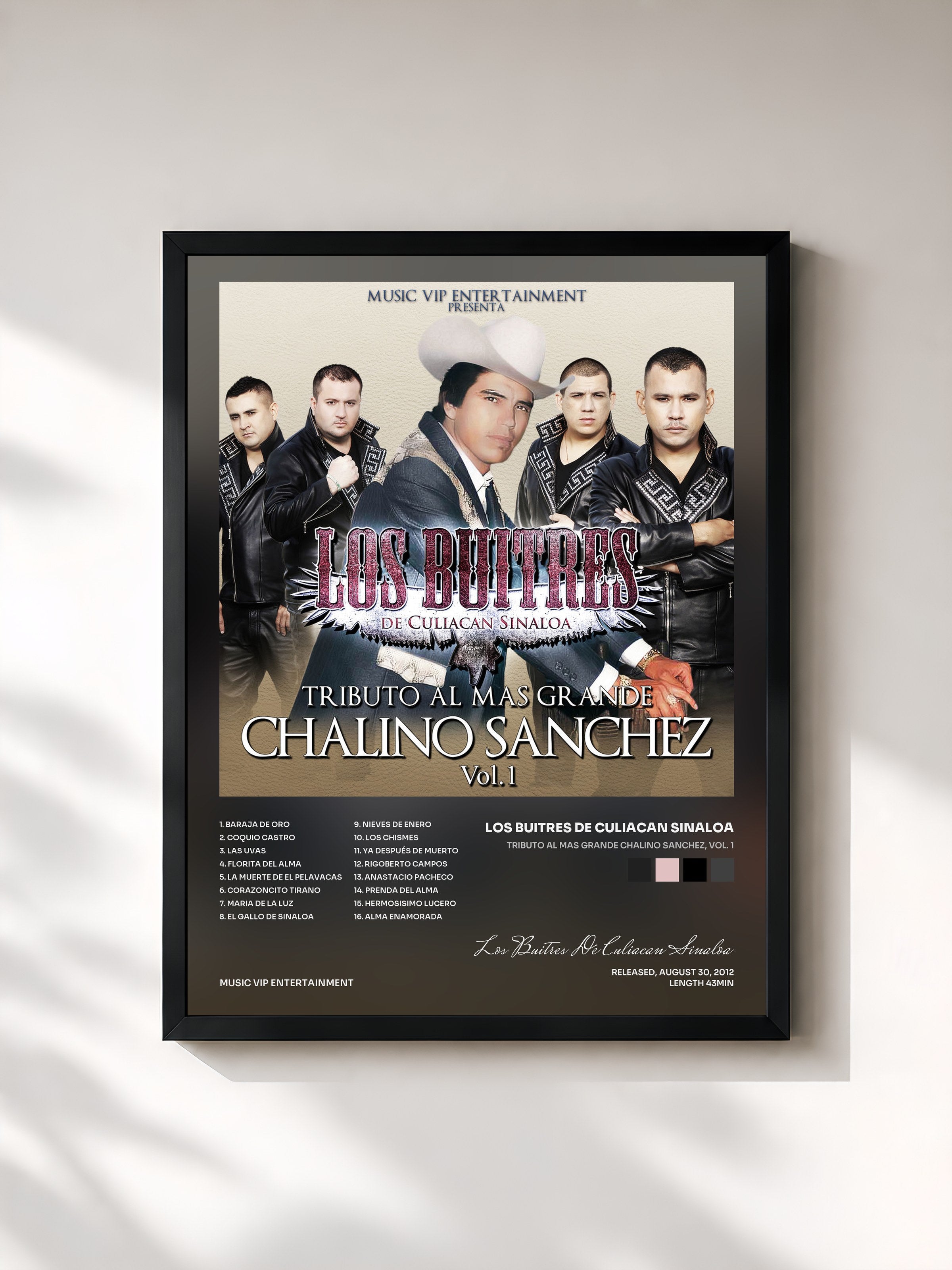 #noir Tableau de l'album Tributo al Mas Grande Chalino Sanchez, Vol. 1 de Los Buitres De Culiacan Sinaloa, cadre noir, imprimé et encadré en France