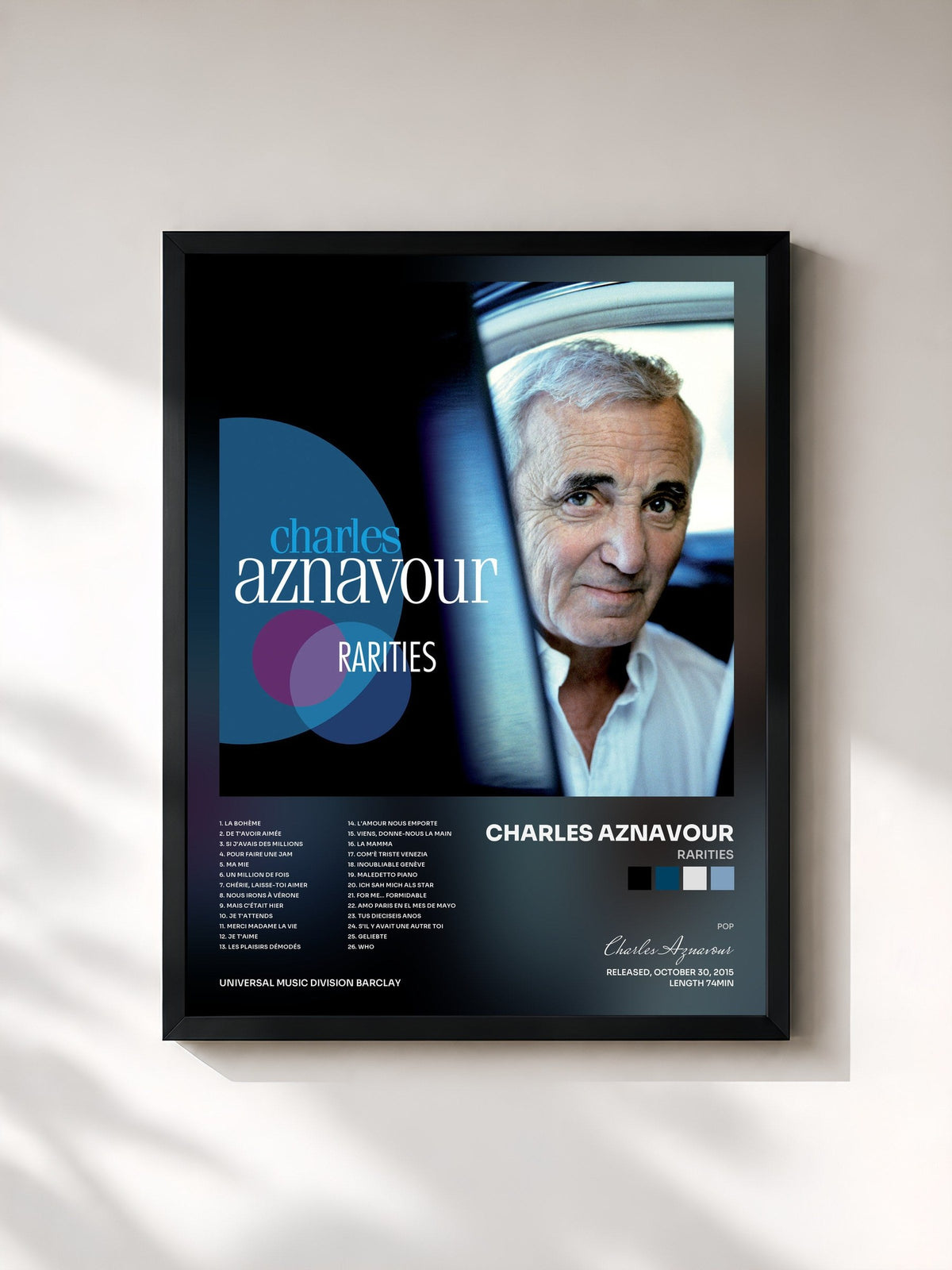 #noir Tableau de l'album Rarities de Charles Aznavour, cadre noir, imprimé et encadré en France