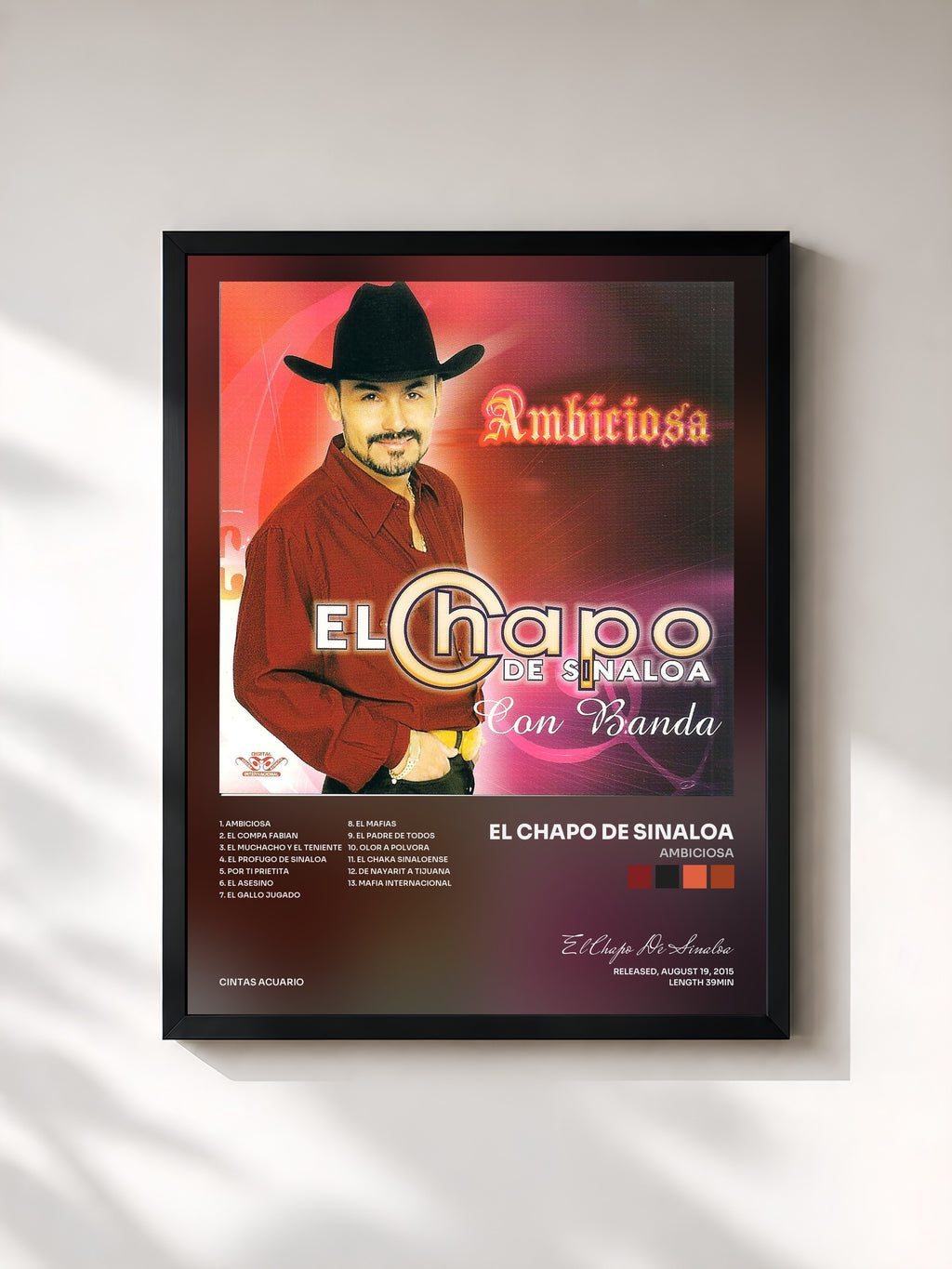 #noir Tableau de l'album Ambiciosa de El Chapo De Sinaloa, cadre noir, imprimé et encadré en France