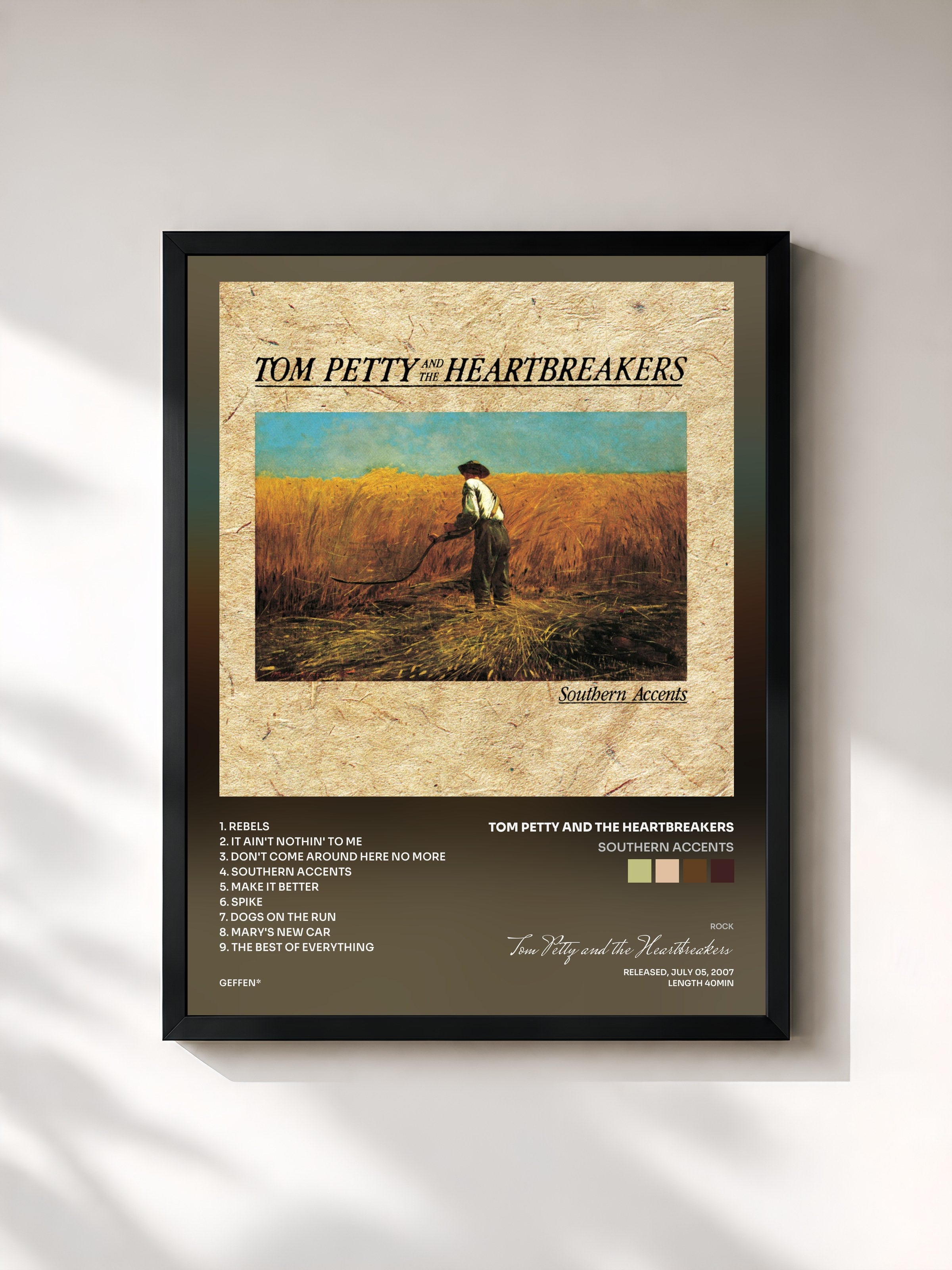 #noir Tableau de l'album Southern Accents de Tom Petty and the Heartbreakers, cadre noir, imprimé et encadré en France