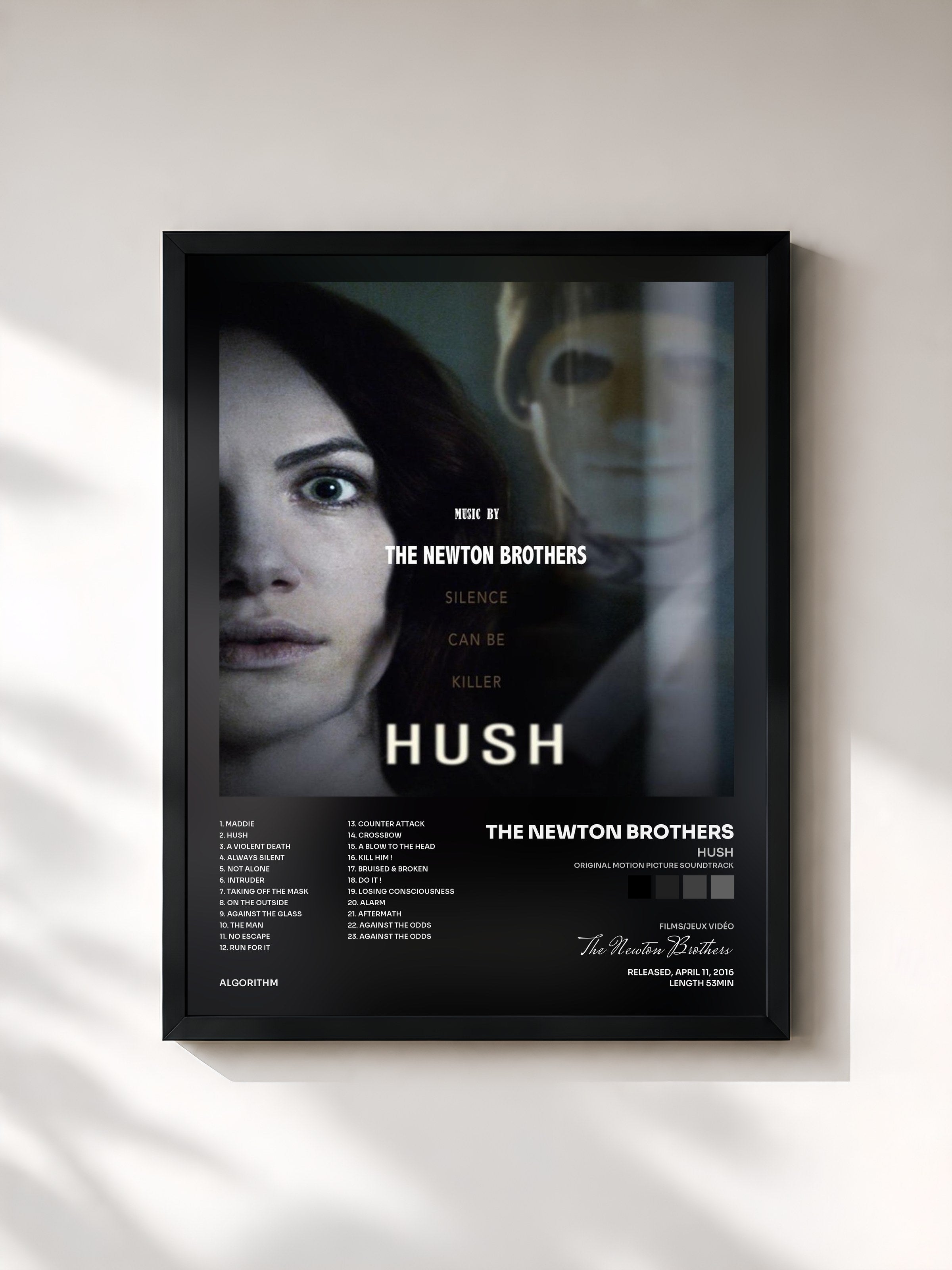 #noir Tableau de l'album Hush (Original Motion Picture Soundtrack) de The Newton Brothers, cadre noir, imprimé et encadré en France