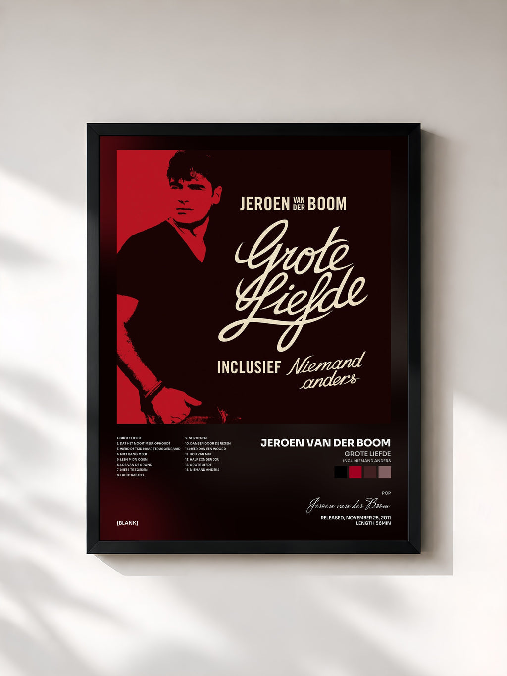 #noir Tableau de l'album Grote Liefde (Incl. Niemand Anders) de Jeroen van der Boom, cadre noir, imprimé et encadré en France