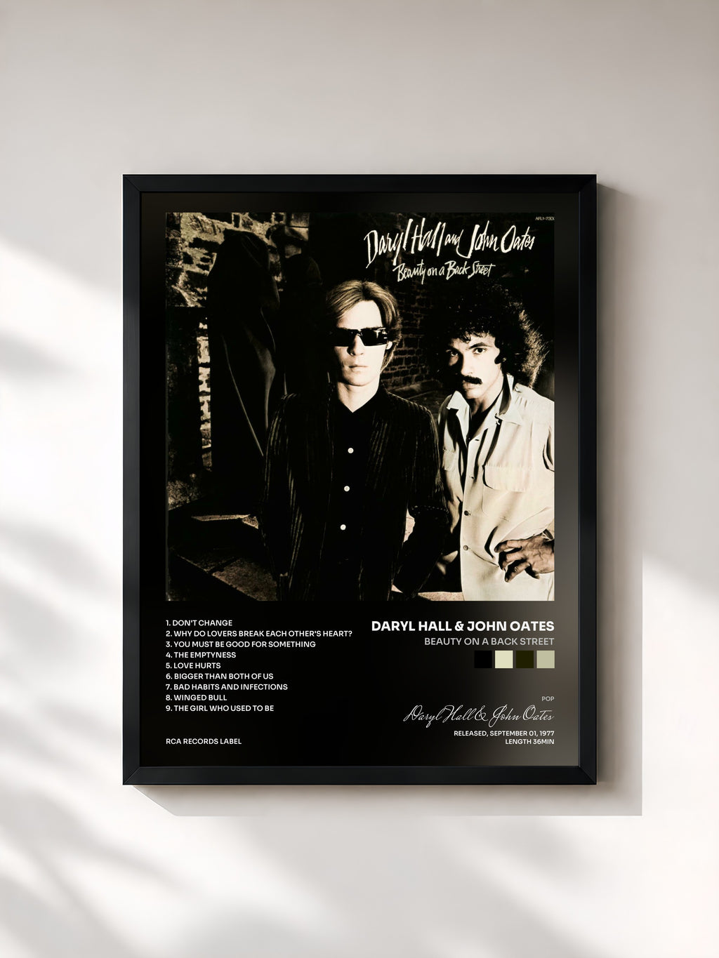 #noir Tableau de l'album Beauty On a Back Street de Daryl Hall & John Oates, cadre noir, imprimé et encadré en France