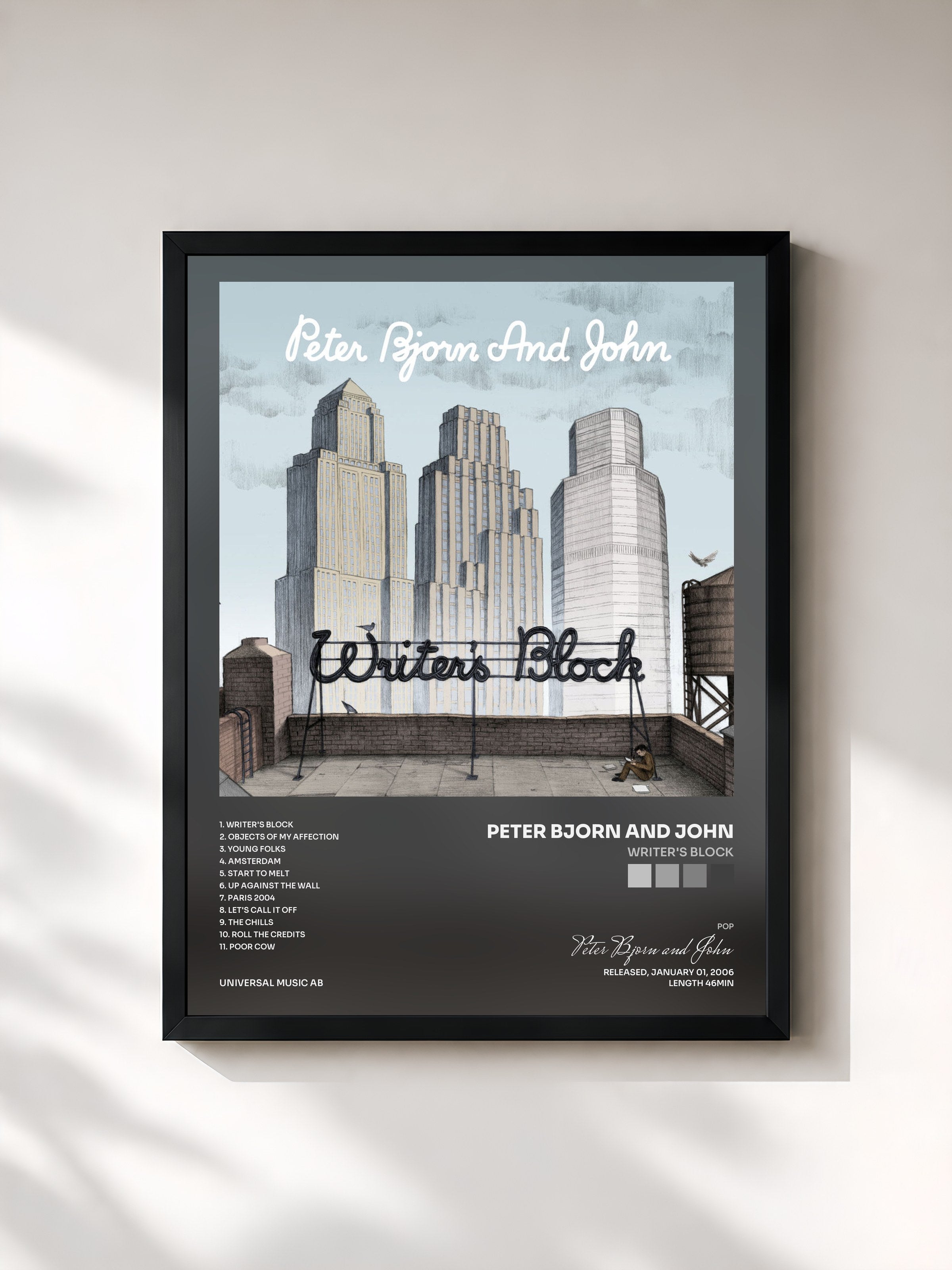 #noir Tableau de l'album Writer's Block de Peter Bjorn and John, cadre noir, imprimé et encadré en France