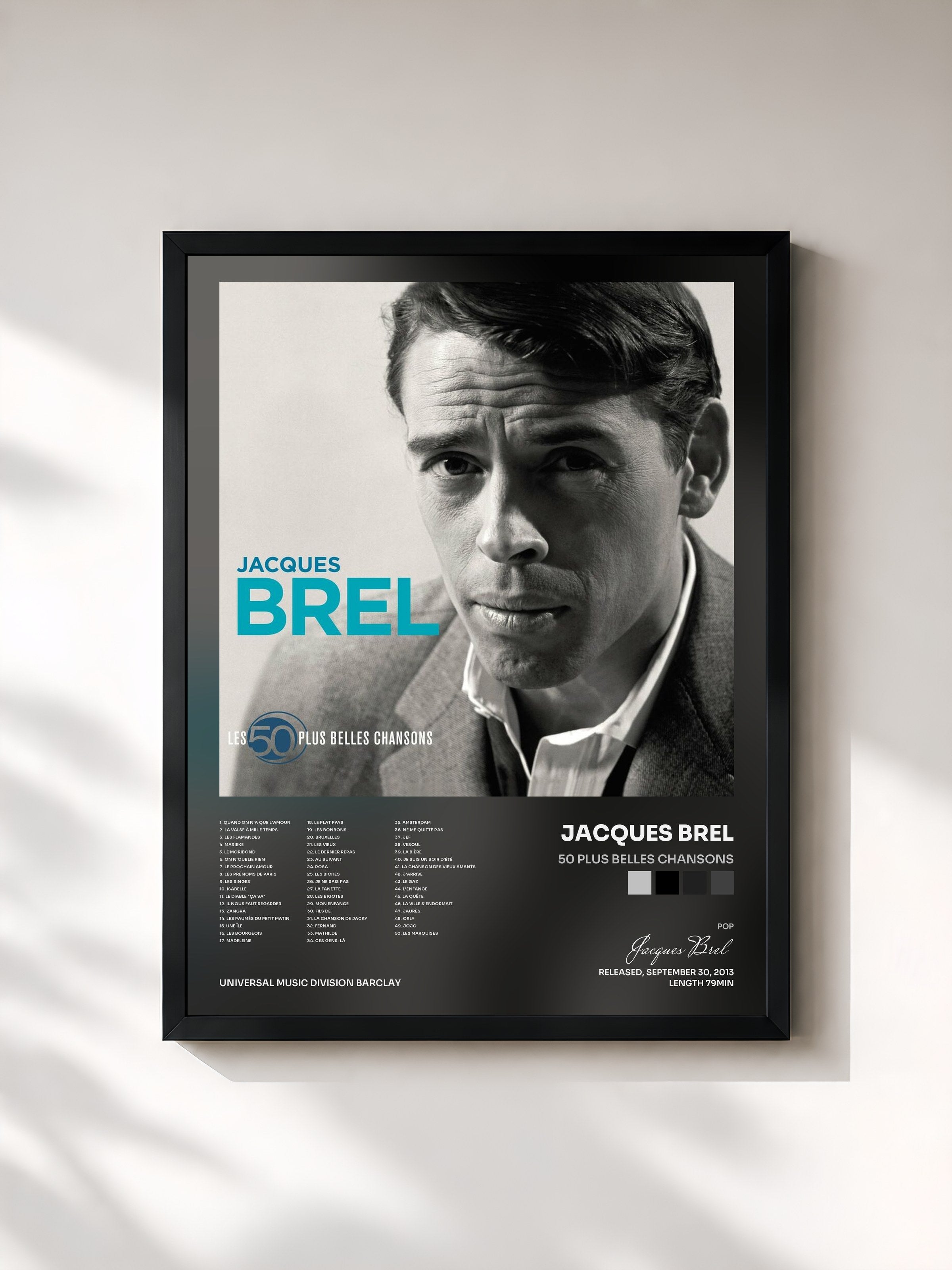 #noir Tableau de l'album 50 Plus Belles Chansons de Jacques Brel, cadre noir, imprimé et encadré en France