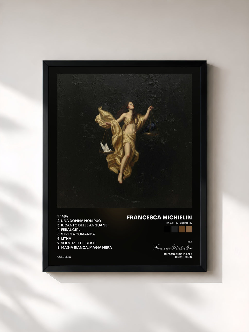 #noir Tableau de l'album Magia Bianca de Francesca Michielin, cadre noir, imprimé et encadré en France