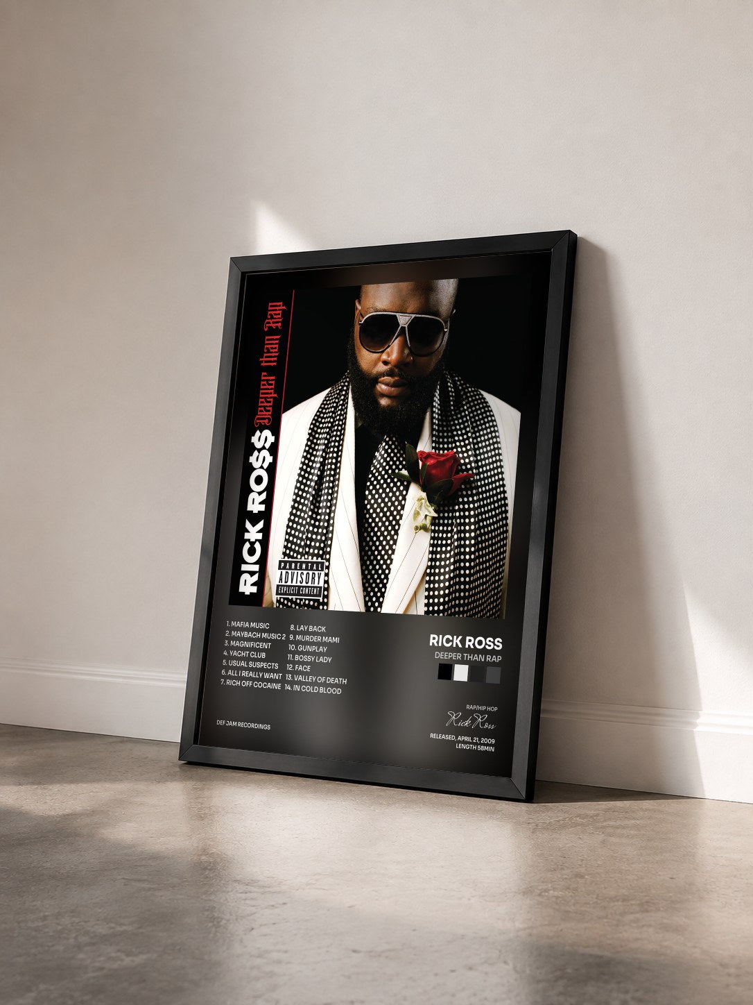 #noir Deeper Than Rap by Rick Ross as a framed art print seen at an angle, black frame