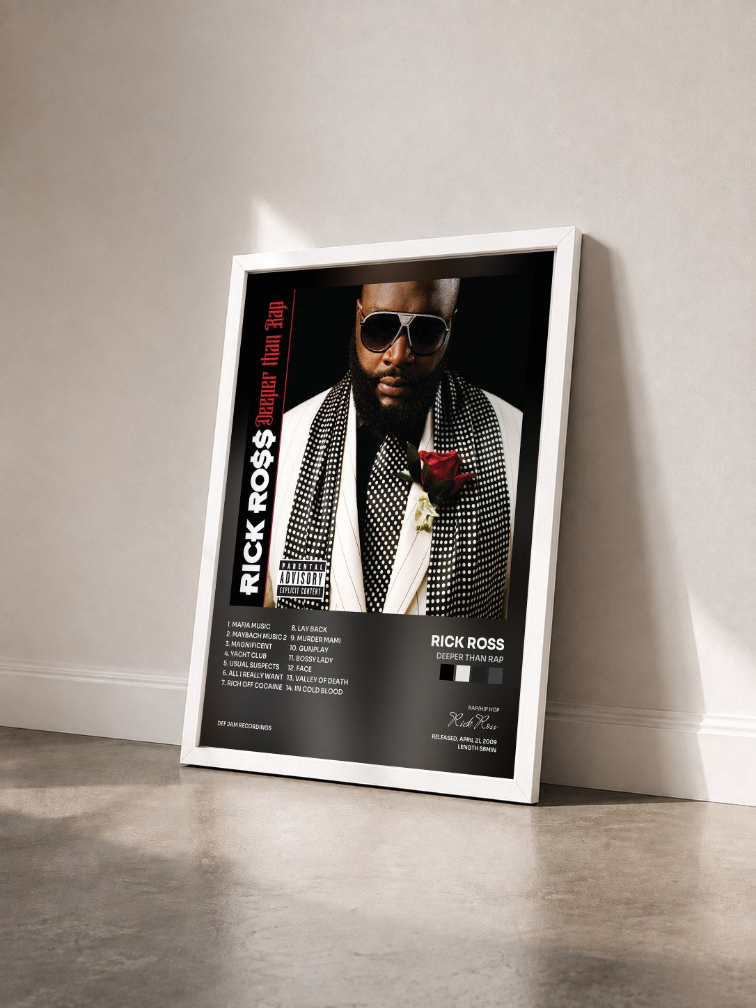 #blanc Deeper Than Rap by Rick Ross as a framed art print seen at an angle, white frame