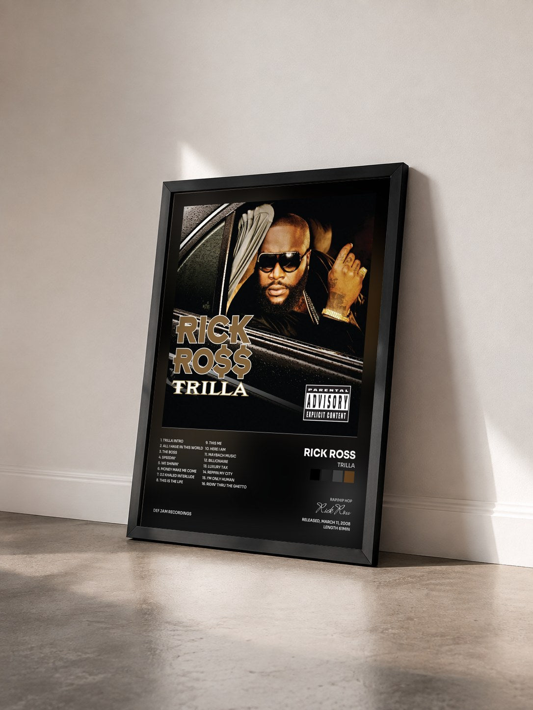 #noir Trilla by Rick Ross as a framed art print seen at an angle, black frame