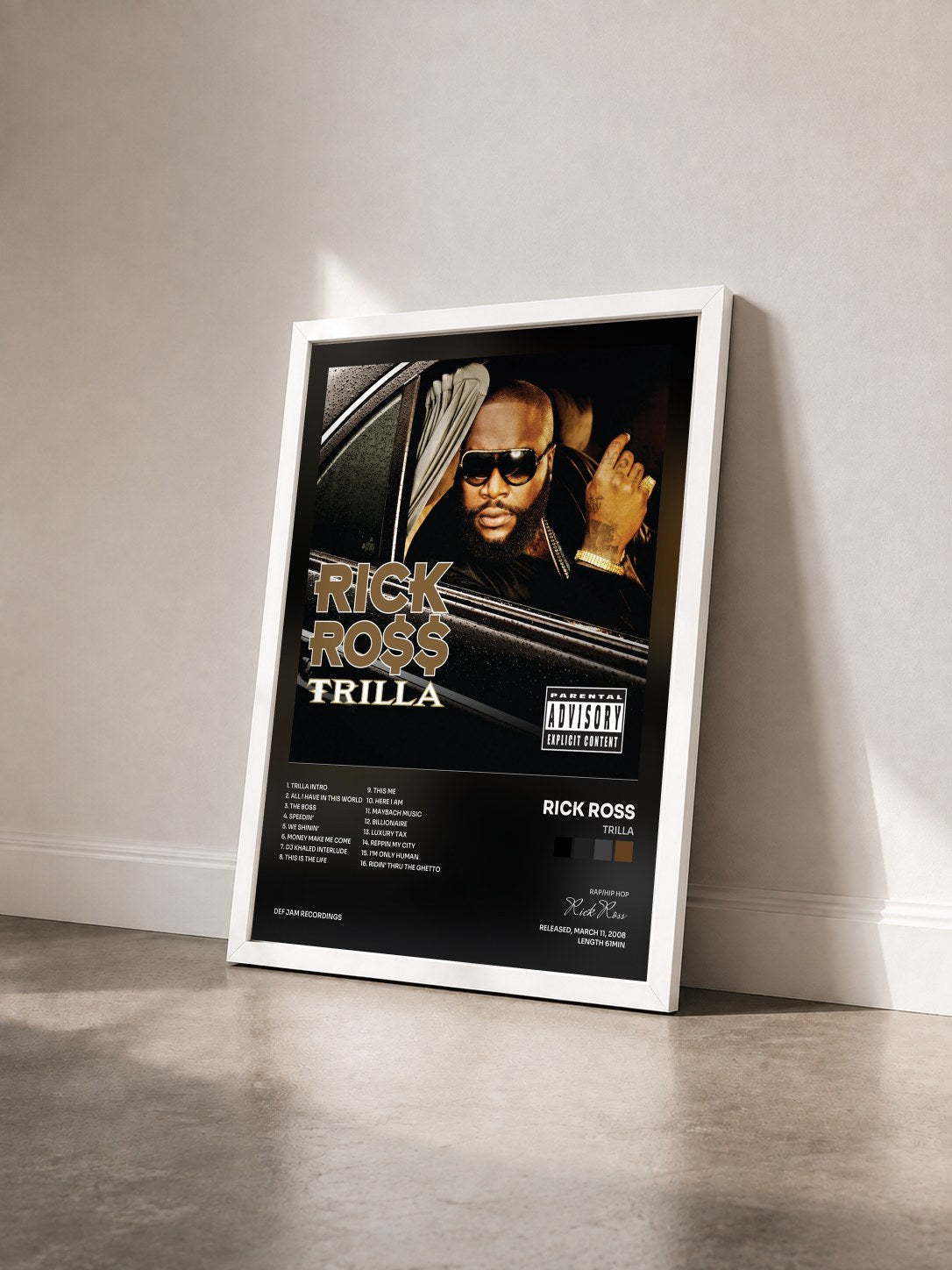 #blanc Trilla by Rick Ross as a framed art print seen at an angle, white frame