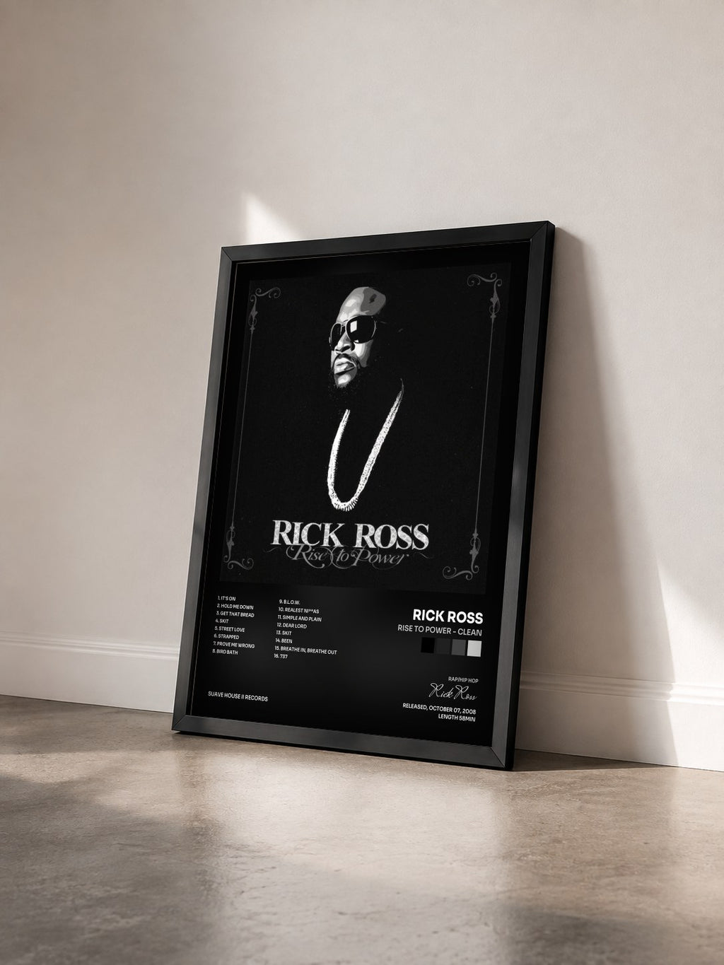 #noir Rise To Power - Clean de Rick Ross en lámina enmarcada vista de tres cuartos, marco negro