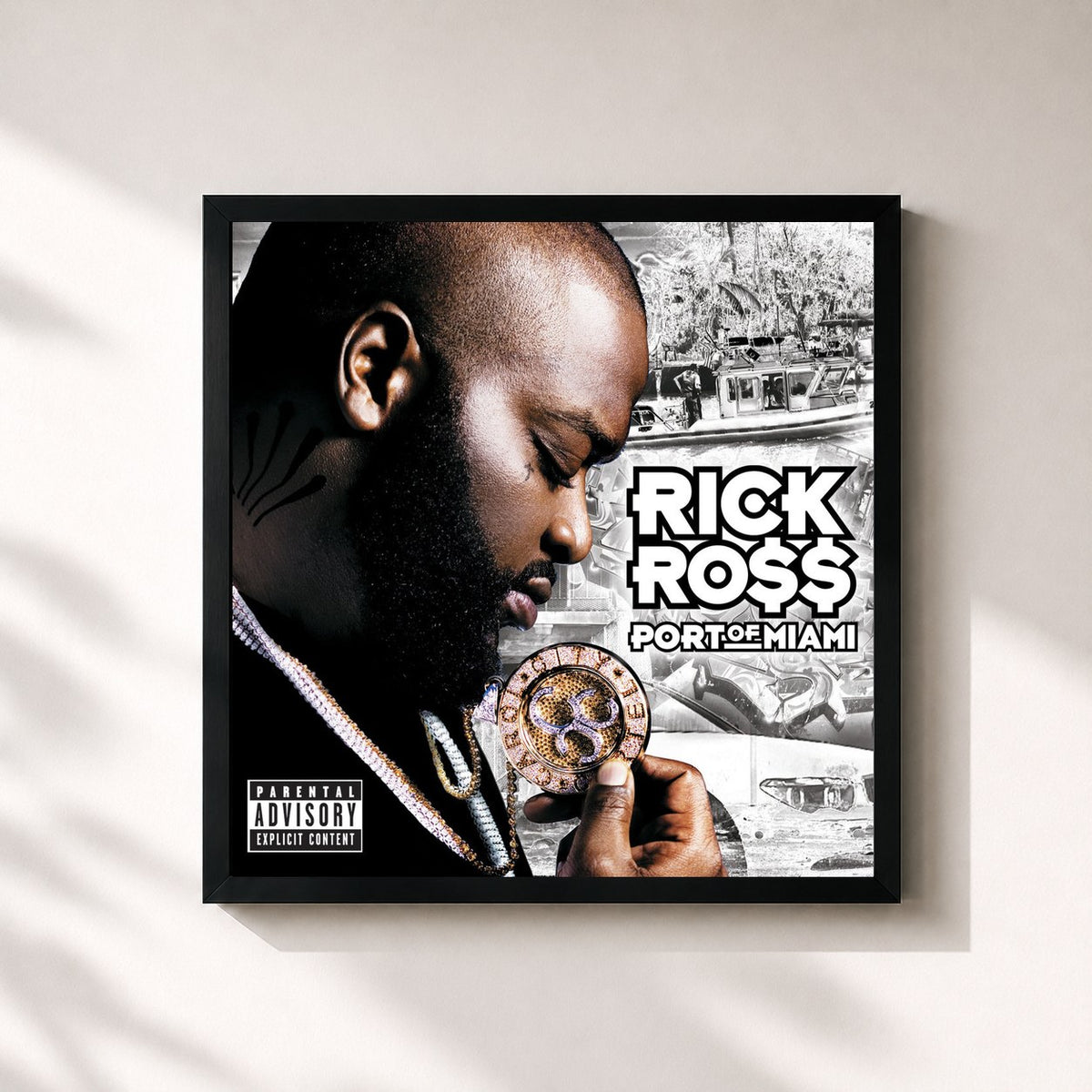 #noir Port Of Miami by Rick Ross as a square framed art print, black 32x32 cm frame
