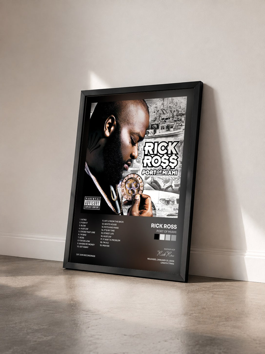 #noir Tableau de l'album Port Of Miami de Rick Ross vu de trois quarts, cadre noir
