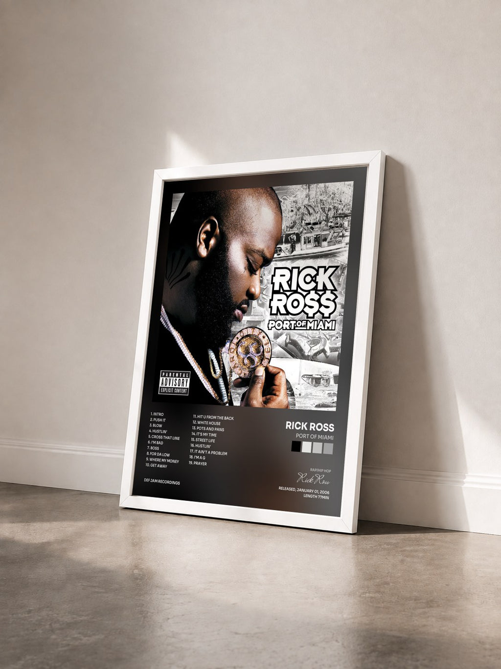 #blanc Tableau de l'album Port Of Miami de Rick Ross vu de trois quarts, cadre blanc