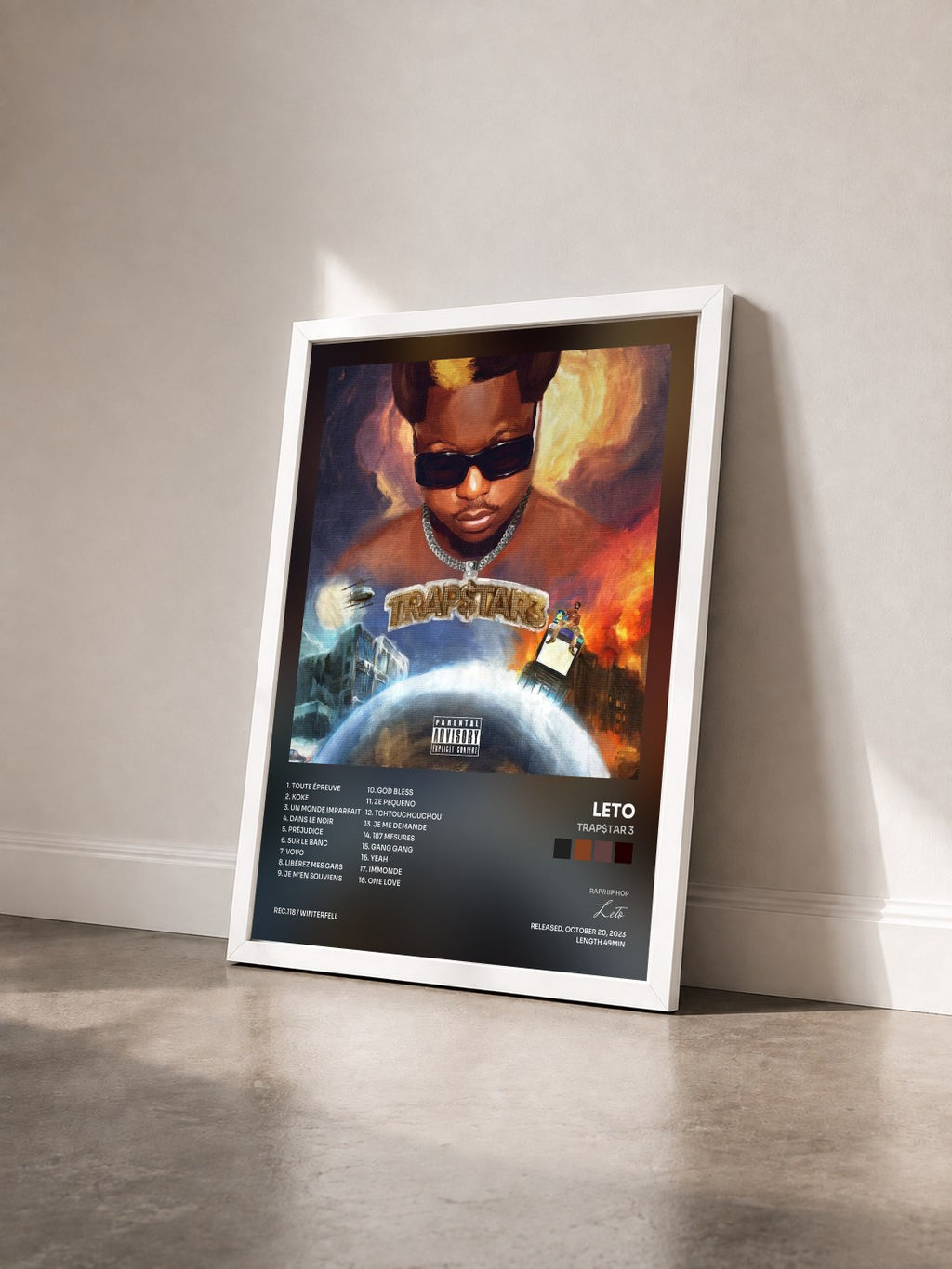 #blanc Tableau de l'album TRAP$TAR 3 de Leto vu de trois quarts, cadre blanc