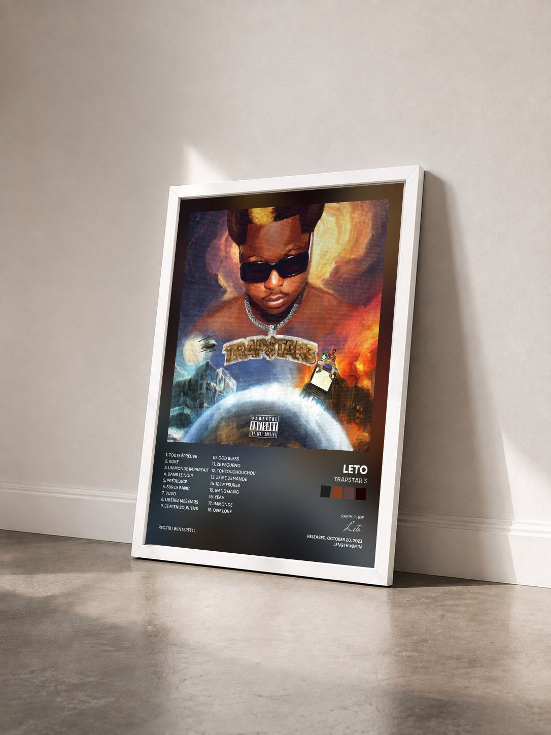 #blanc Tableau de l'album TRAP$TAR 3 de Leto vu de trois quarts, cadre blanc
