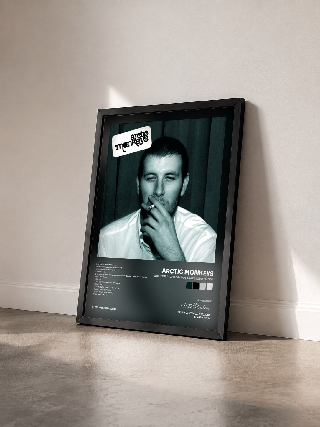 #noir Whatever People Say I Am, That's What I'm Not di Arctic Monkeys in stampa incorniciata vista di tre quarti, cornice nera