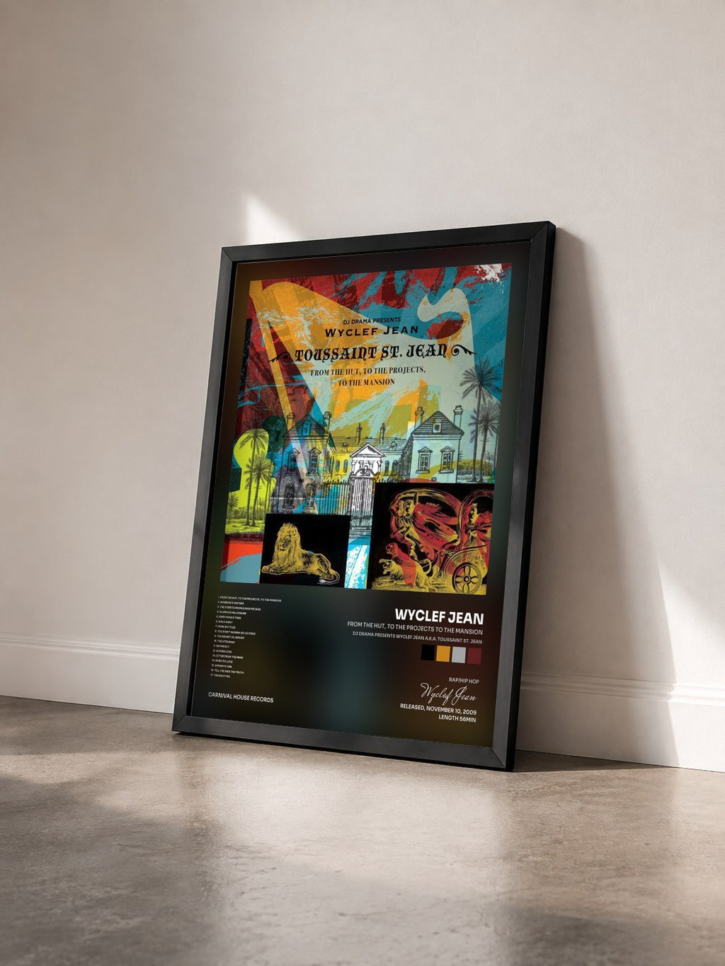 #noir From the Hut, to the Projects to the Mansion (DJ Drama Presents Wyclef Jean a.k.a. Toussaint St. Jean) by Wyclef Jean as a framed art print seen at an angle, black frame