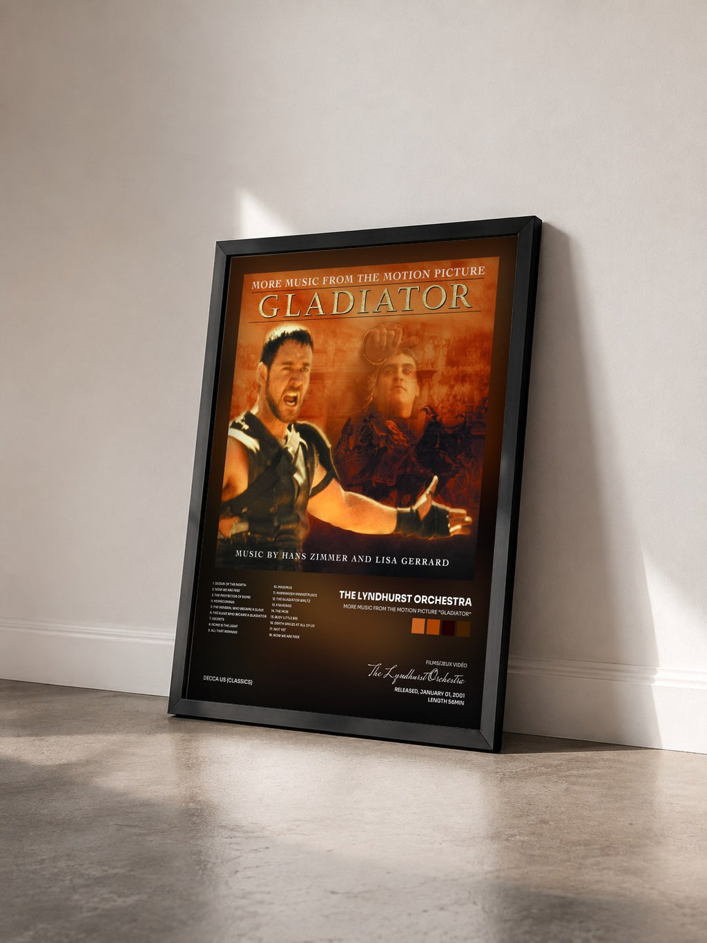 #noir More Music From The Motion Picture "Gladiator" di The Lyndhurst Orchestra in stampa incorniciata vista di tre quarti, cornice nera