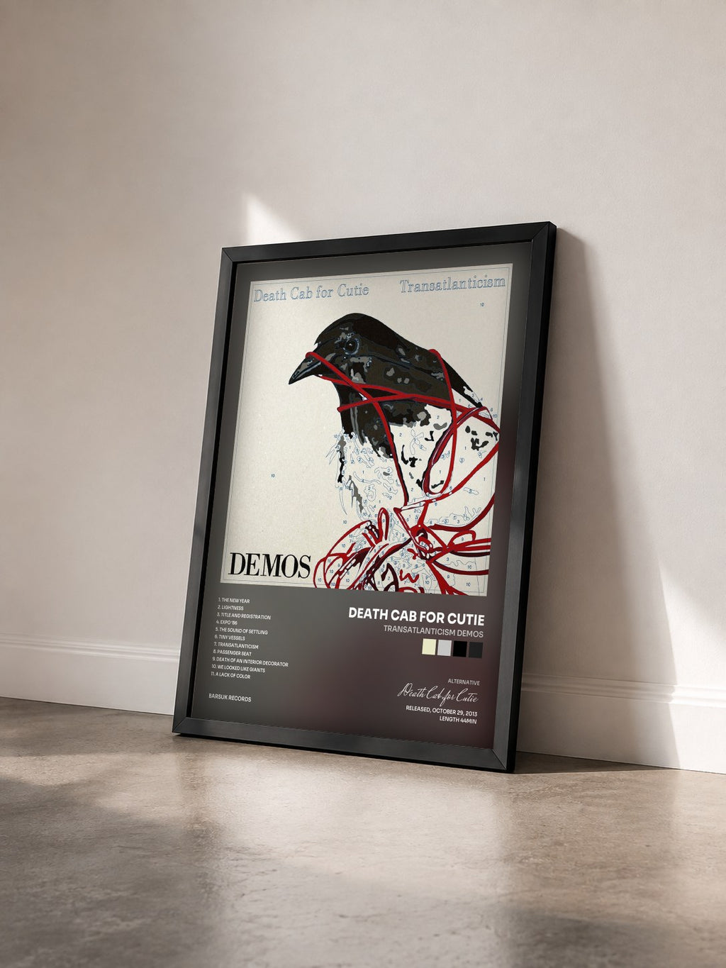 #noir Tableau de l'album Transatlanticism Demos de Death Cab for Cutie vu de trois quarts, cadre noir