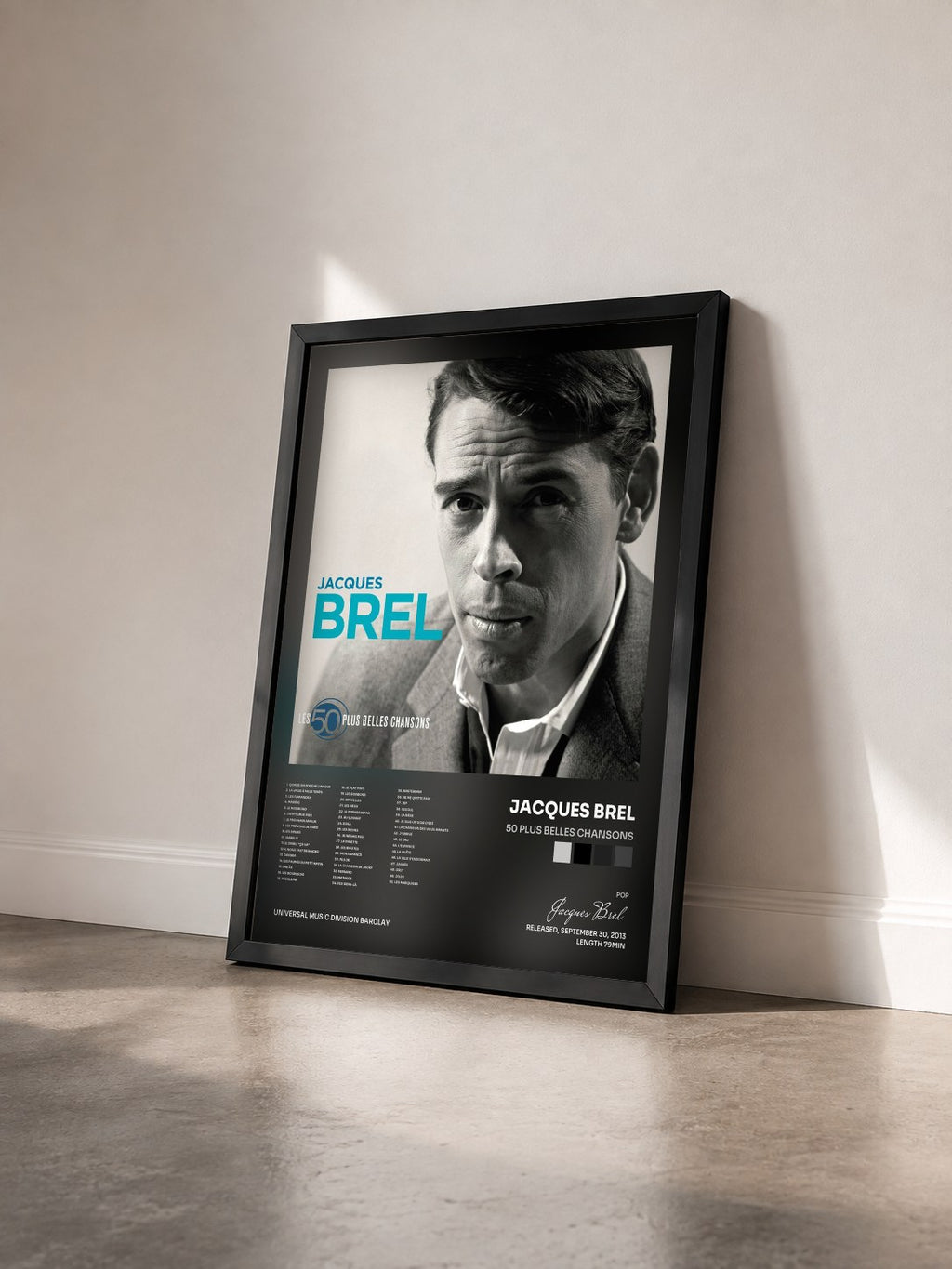 #noir Tableau de l'album 50 Plus Belles Chansons de Jacques Brel vu de trois quarts, cadre noir