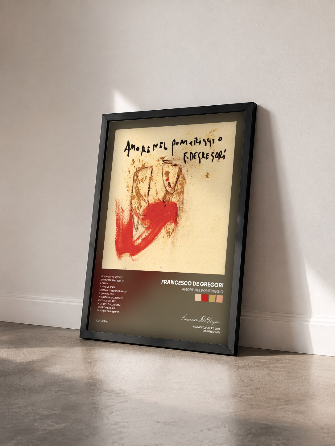 #noir Tableau de l'album Amore nel pomeriggio de Francesco De Gregori vu de trois quarts, cadre noir