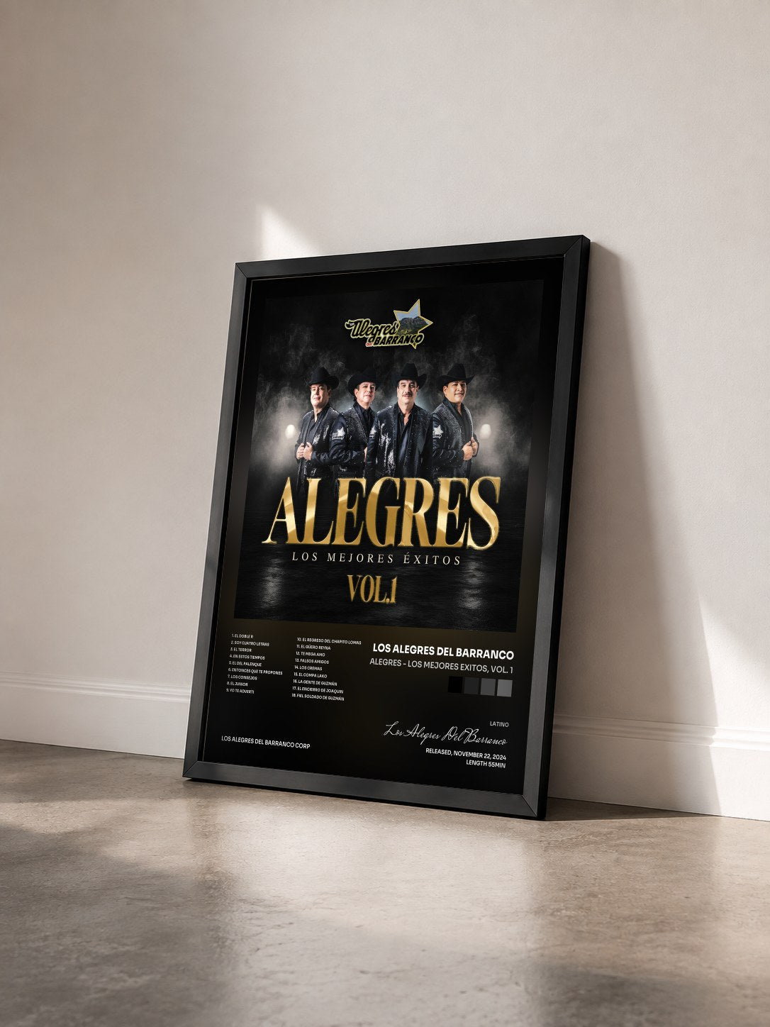 #noir Tableau de l'album Alegres - Los Mejores Exitos, Vol. 1 de Los Alegres Del Barranco vu de trois quarts, cadre noir