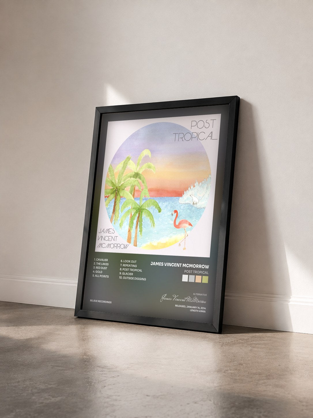 #noir Tableau de l'album Post Tropical de James Vincent McMorrow vu de trois quarts, cadre noir