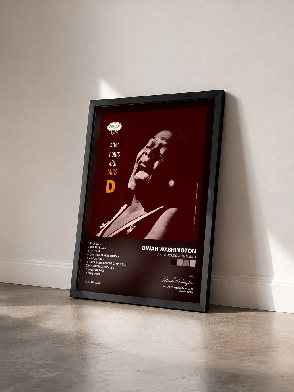 #noir Tableau de l'album After Hours With Miss D de Dinah Washington vu de trois quarts, cadre noir