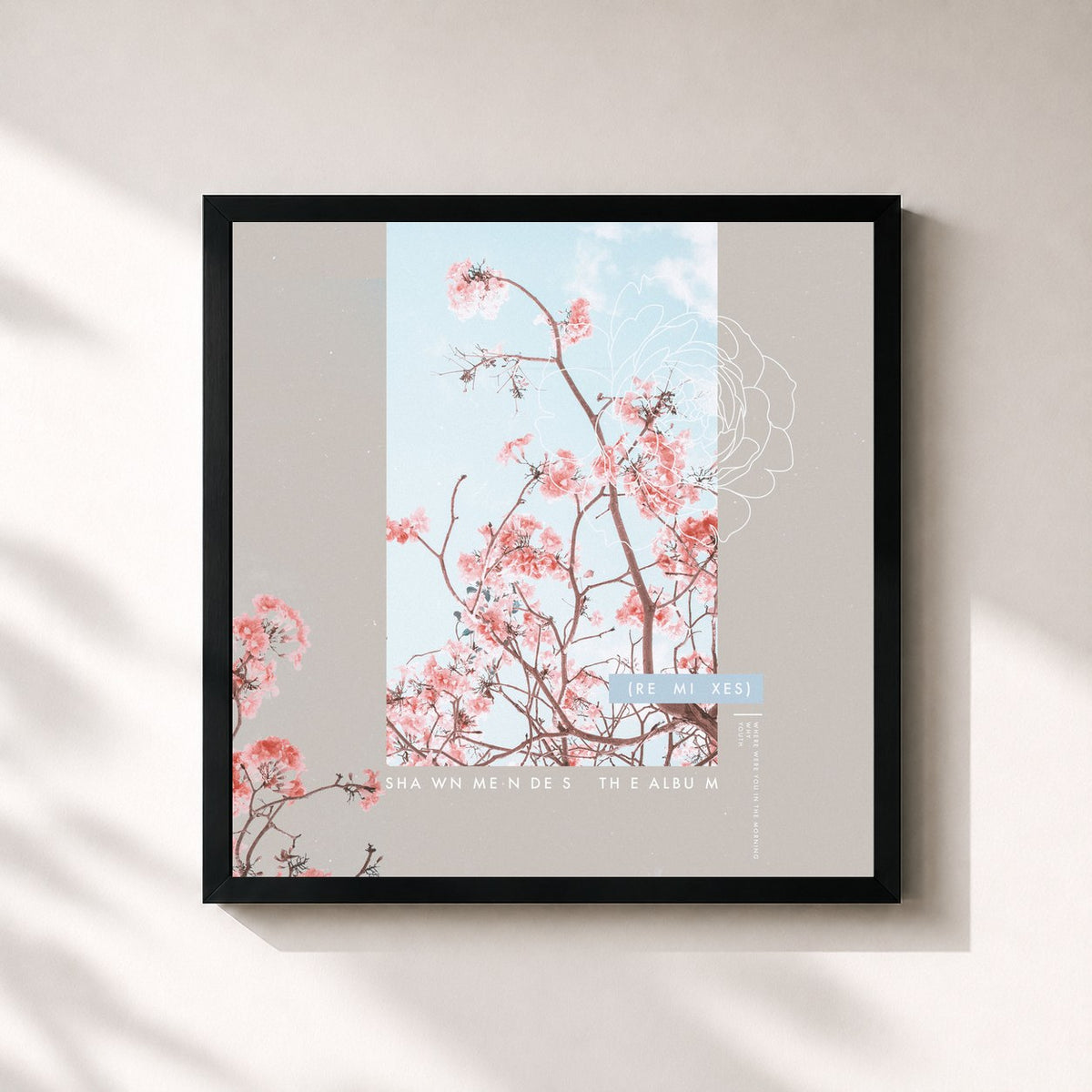 #noir Tableau carré de l'album The Album (Remixes) de Shawn Mendes, cadre noir 32x32 cm