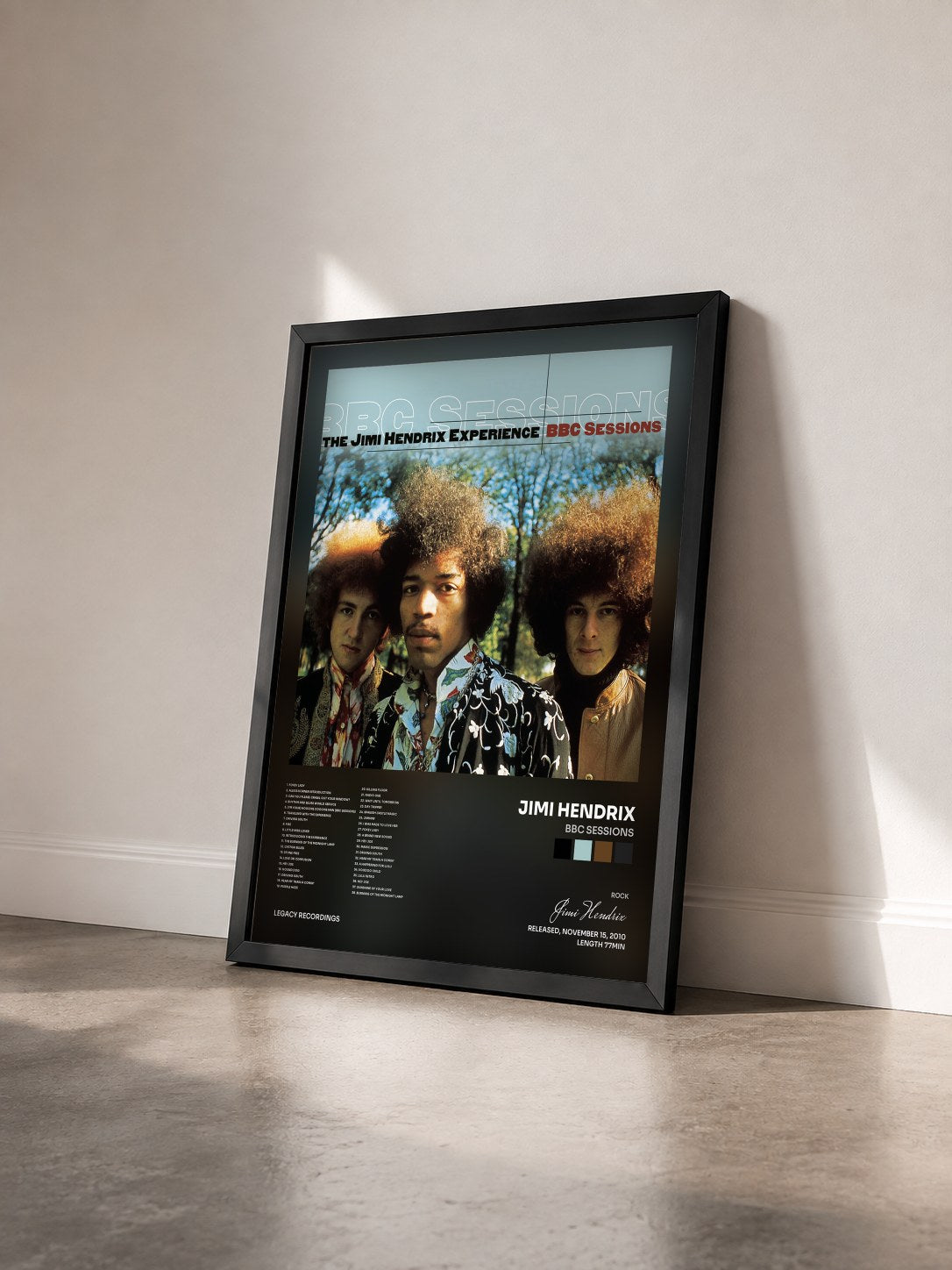 #noir Tableau de l'album BBC Sessions de Jimi Hendrix vu de trois quarts, cadre noir