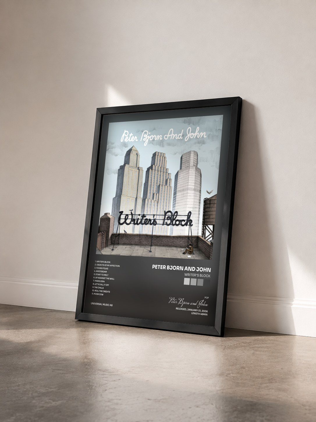 #noir Tableau de l'album Writer's Block de Peter Bjorn and John vu de trois quarts, cadre noir