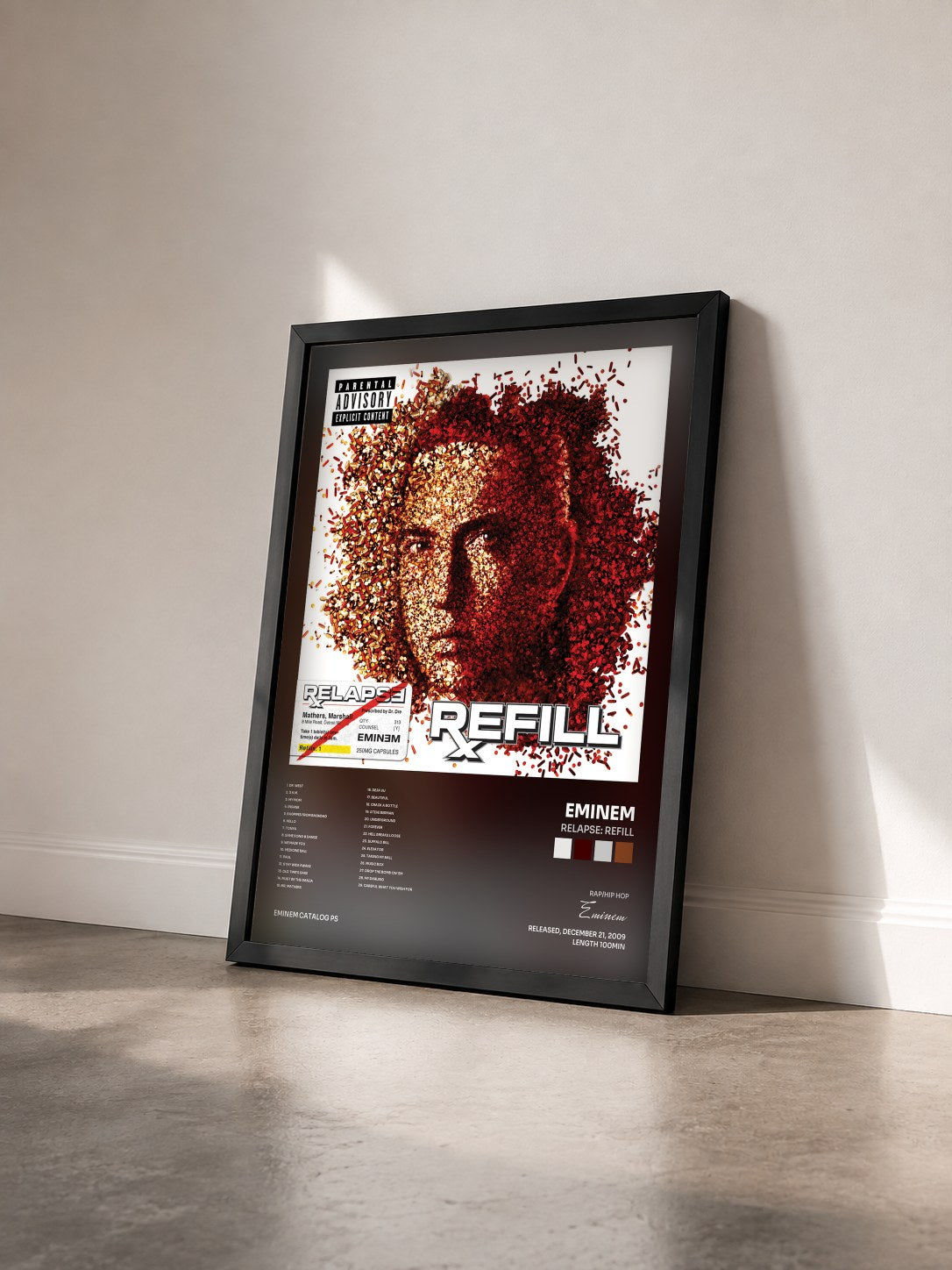 #noir Tableau de l'album Relapse: Refill de Eminem vu de trois quarts, cadre noir