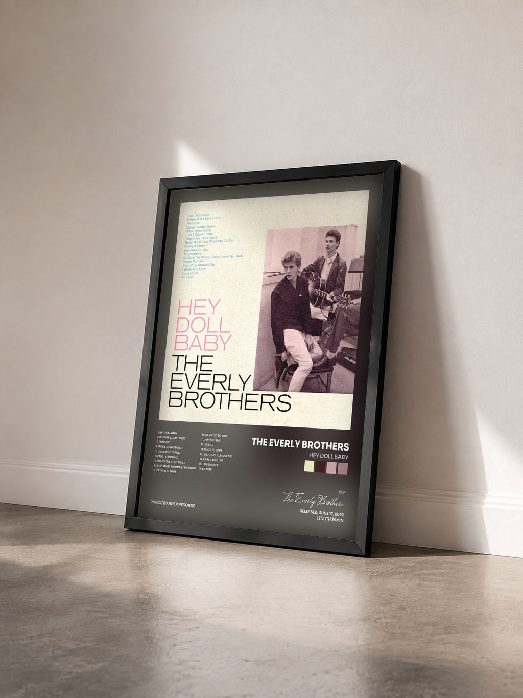 #noir Tableau de l'album Hey Doll Baby de The Everly Brothers vu de trois quarts, cadre noir